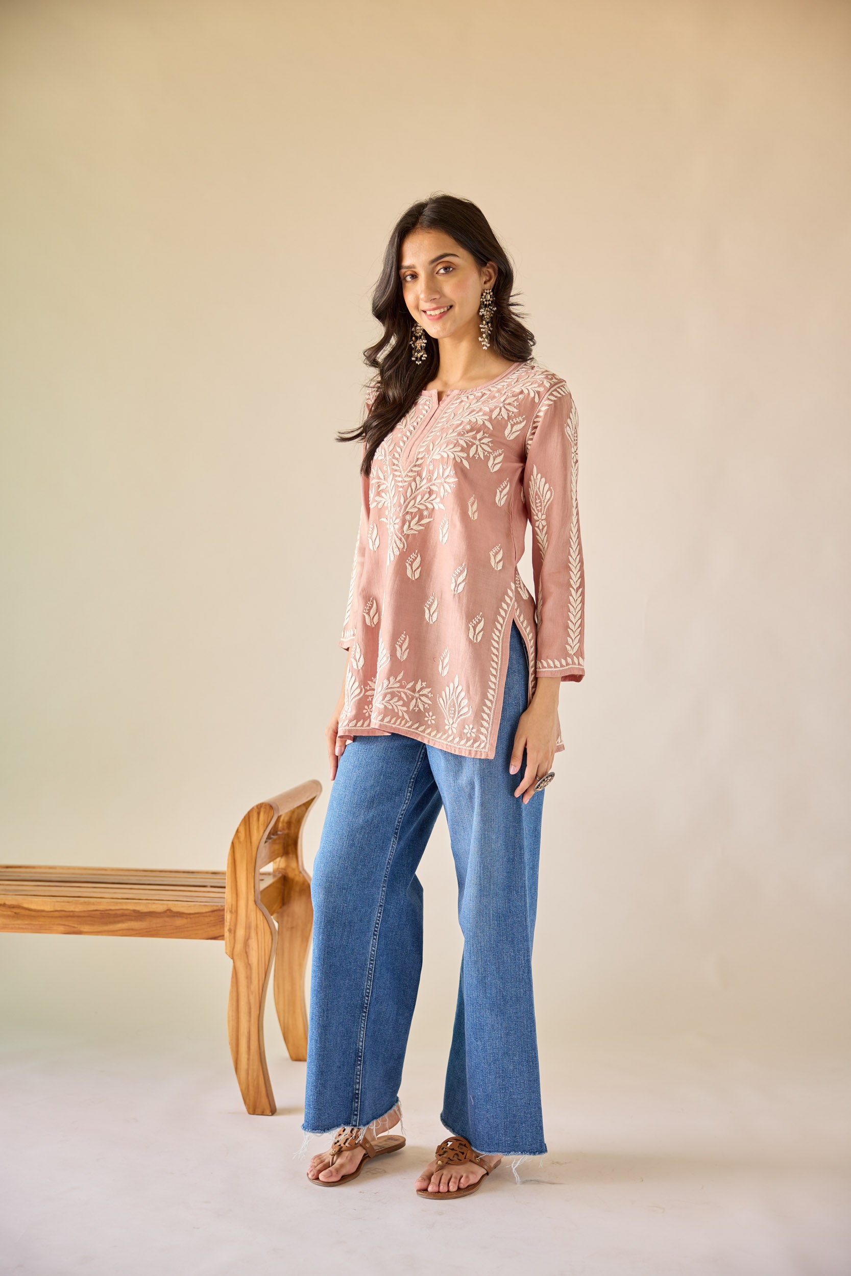 Mallika Brown Chanderi Hand Embroidered Short Chikankari Kurti