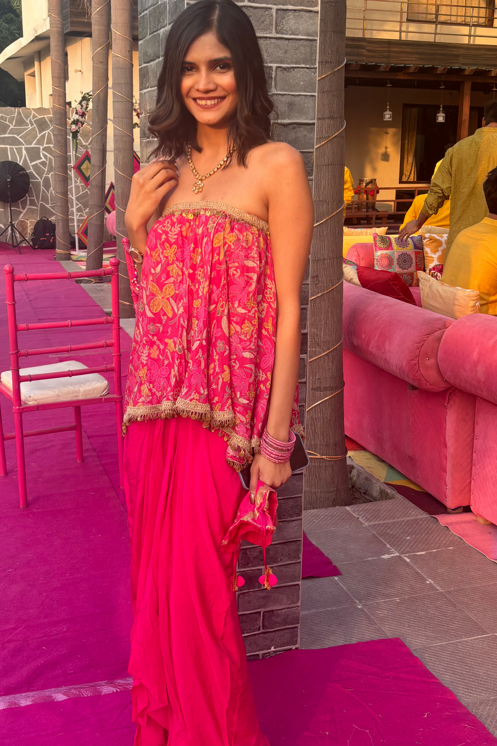 Aleesa Off-Shoulder Hot Pink Muslin Top & Crepe Skirt Set
