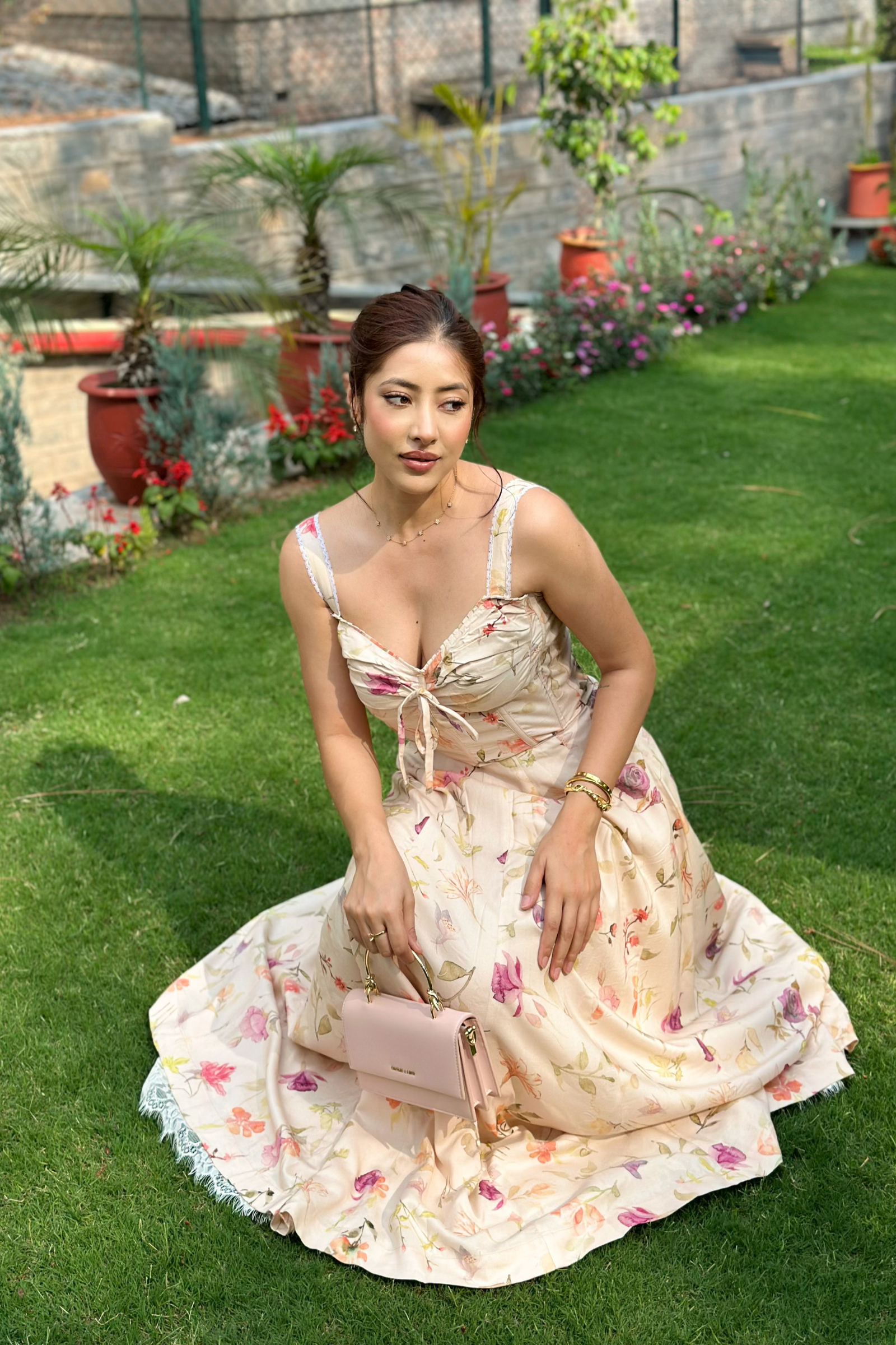 Poema Ivory Lacey Floral Midi Corset Dress