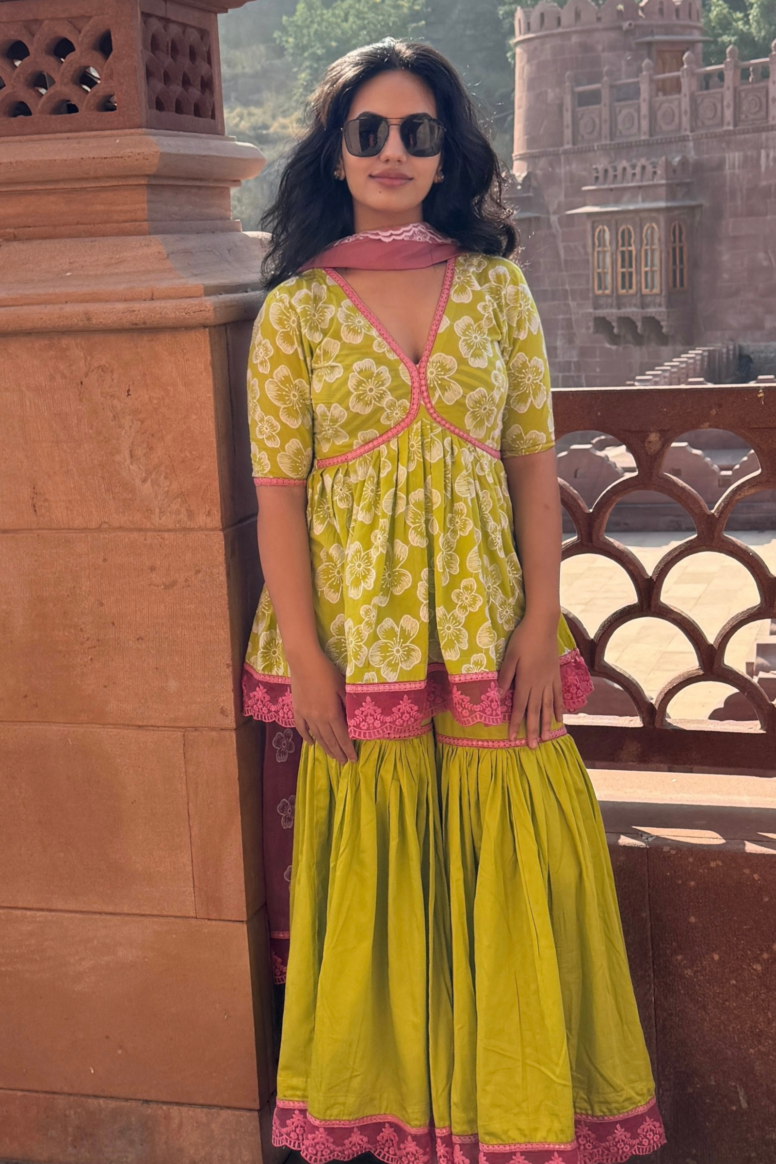 Shireen Green & Pink Embroidered Cotton Kurti, Sharara & Dupatta Set