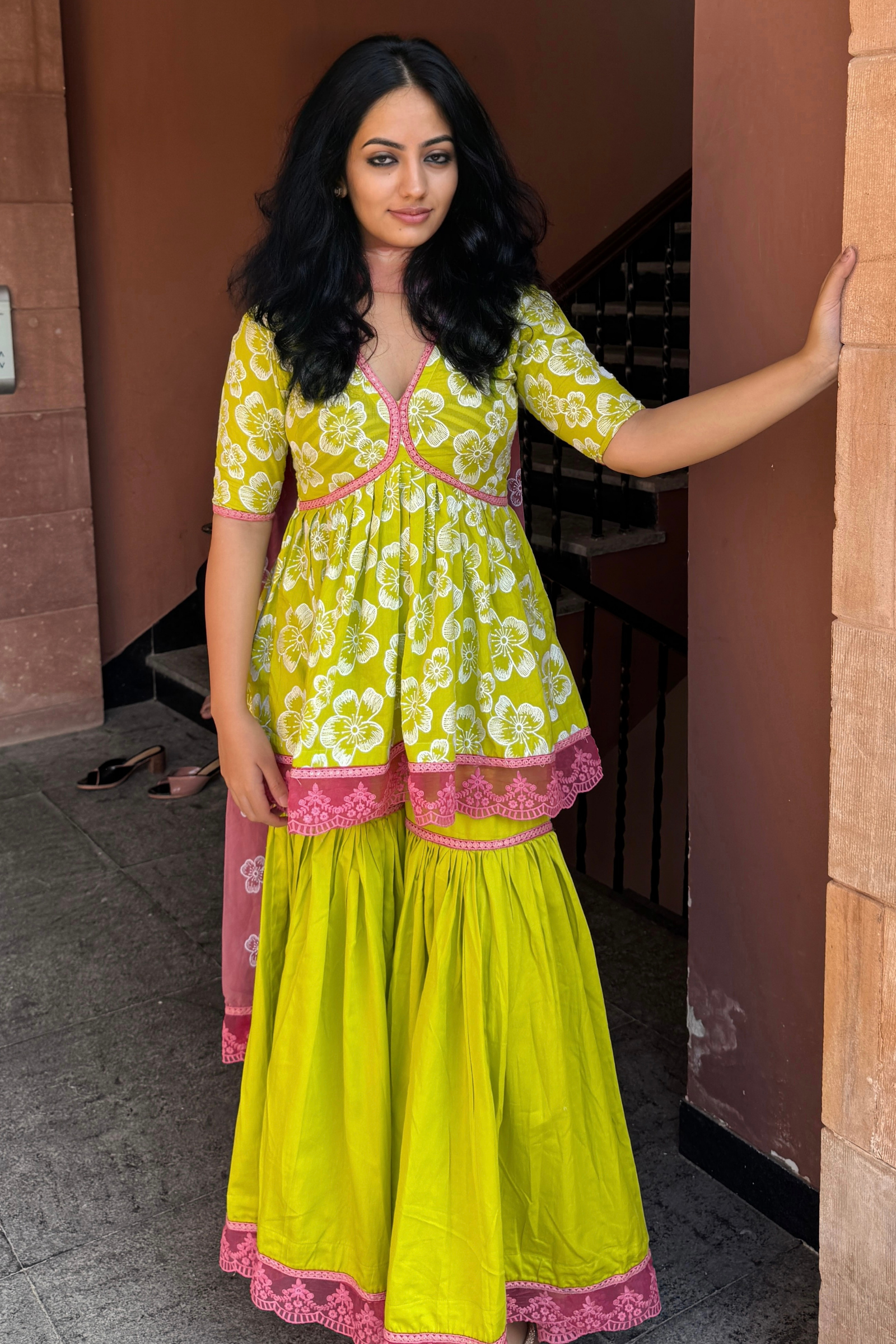 Shireen Green & Pink Embroidered Cotton Kurti, Sharara & Dupatta Set