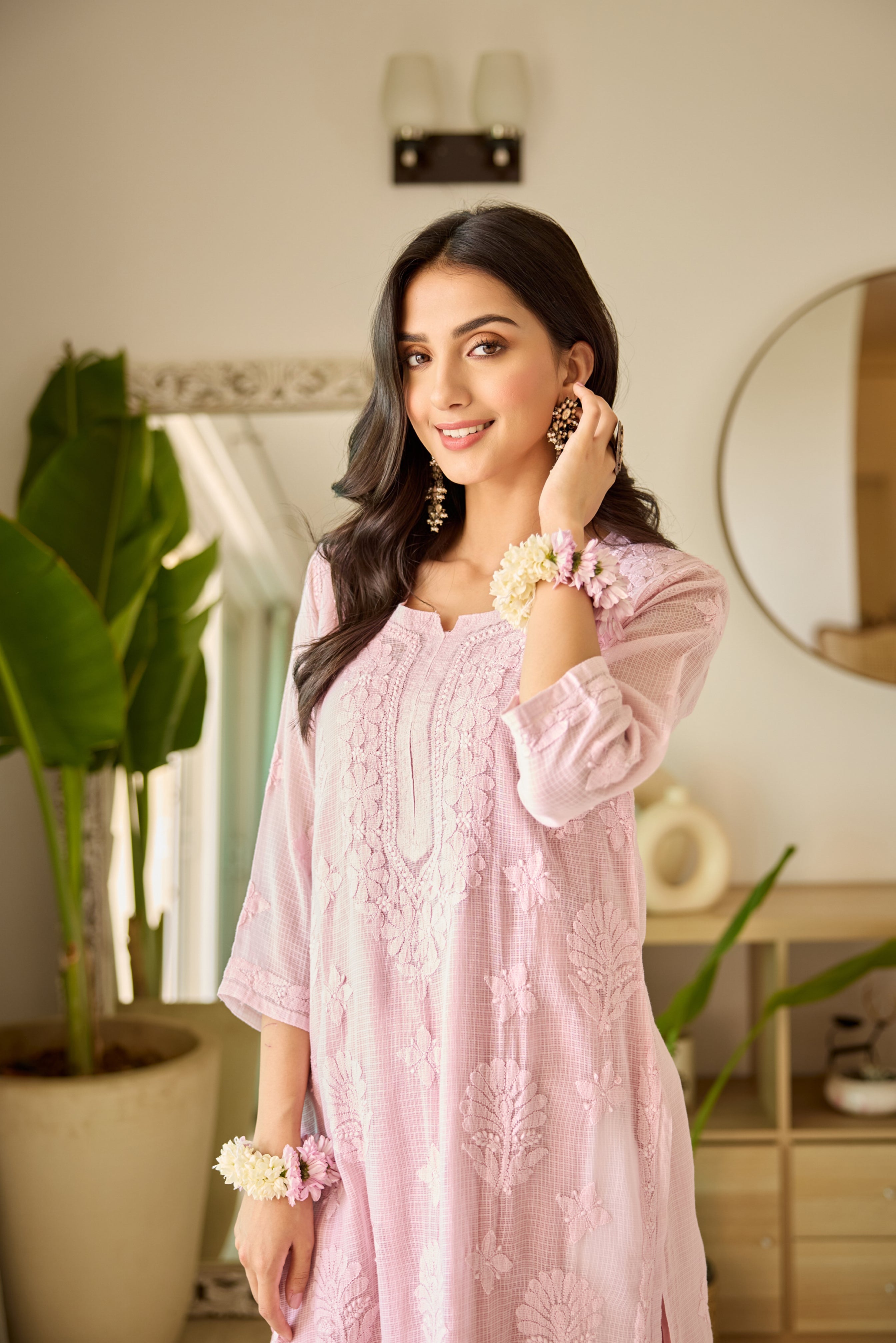 Jayanti Pink Kota Hand Embroidered Chikankari Kurta with Slip