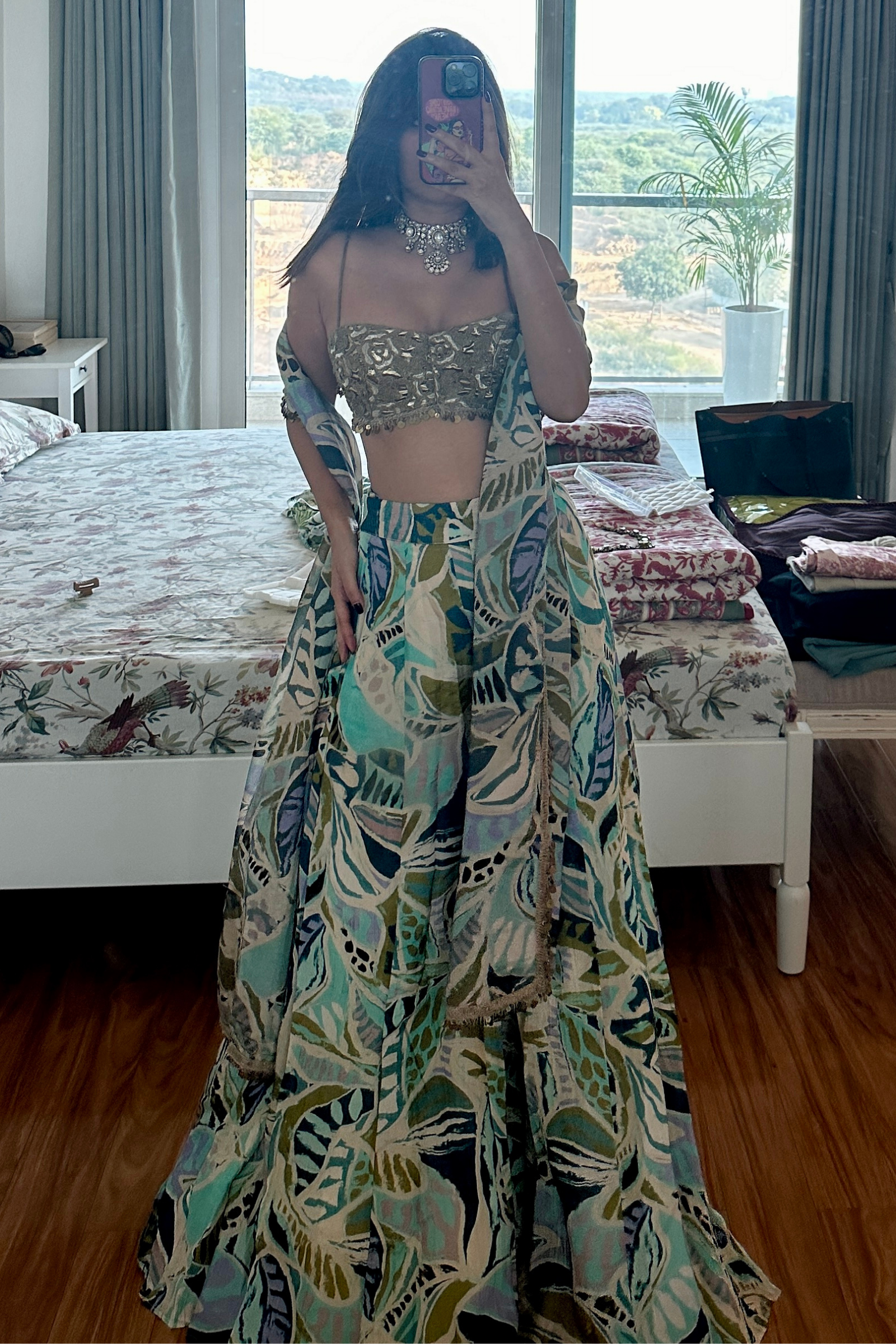 Tasneem Blue Tissue Sharara Set With Gold Strapless Embroidered Blouse