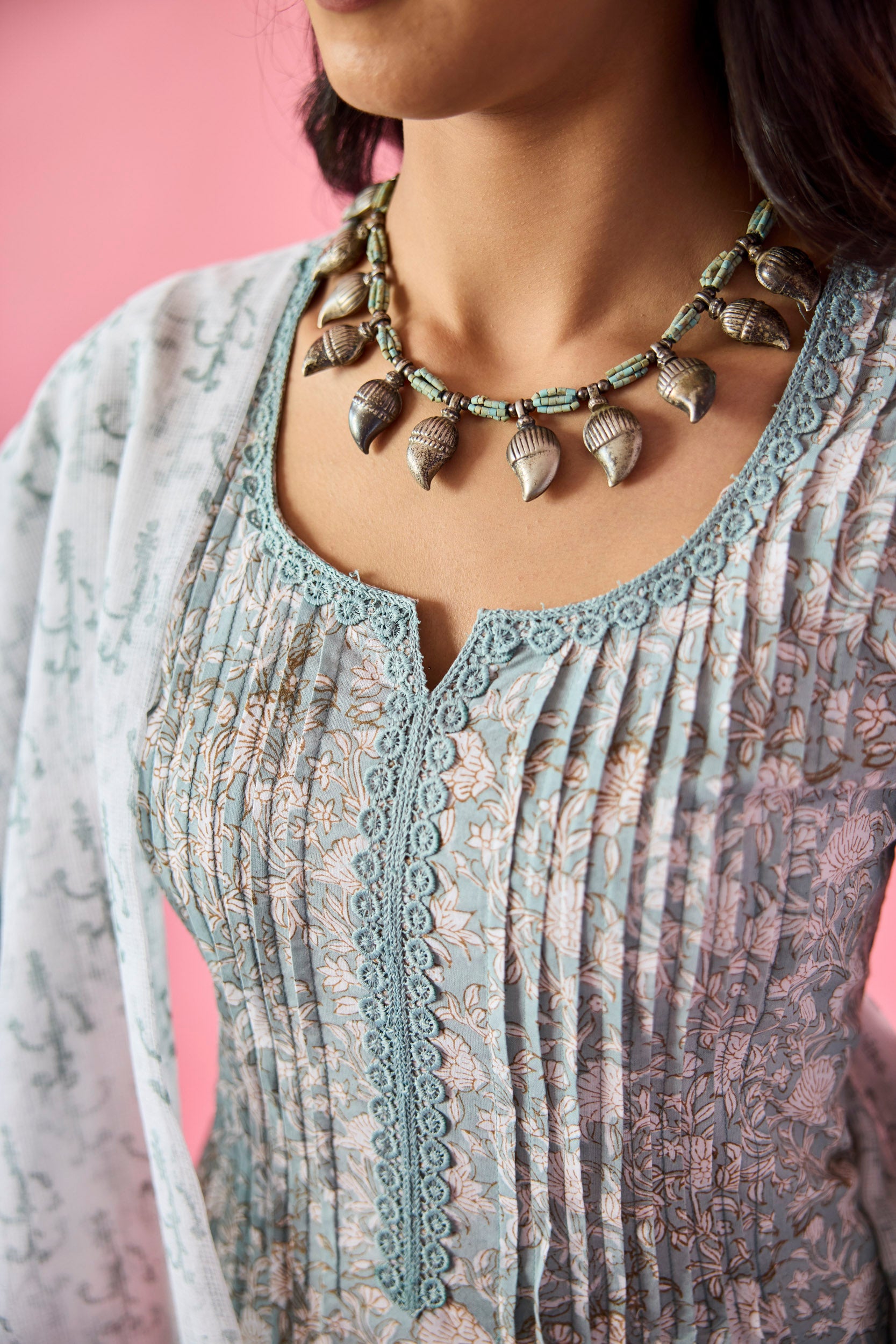 Nazneen Sea Green & White Cotton Kurta Set