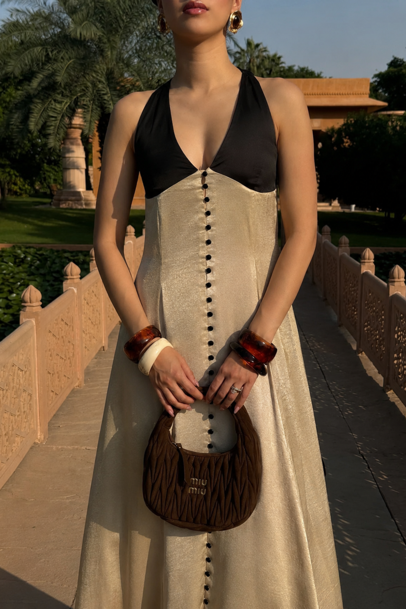 Cairo beige & black contrast satin maxi dress