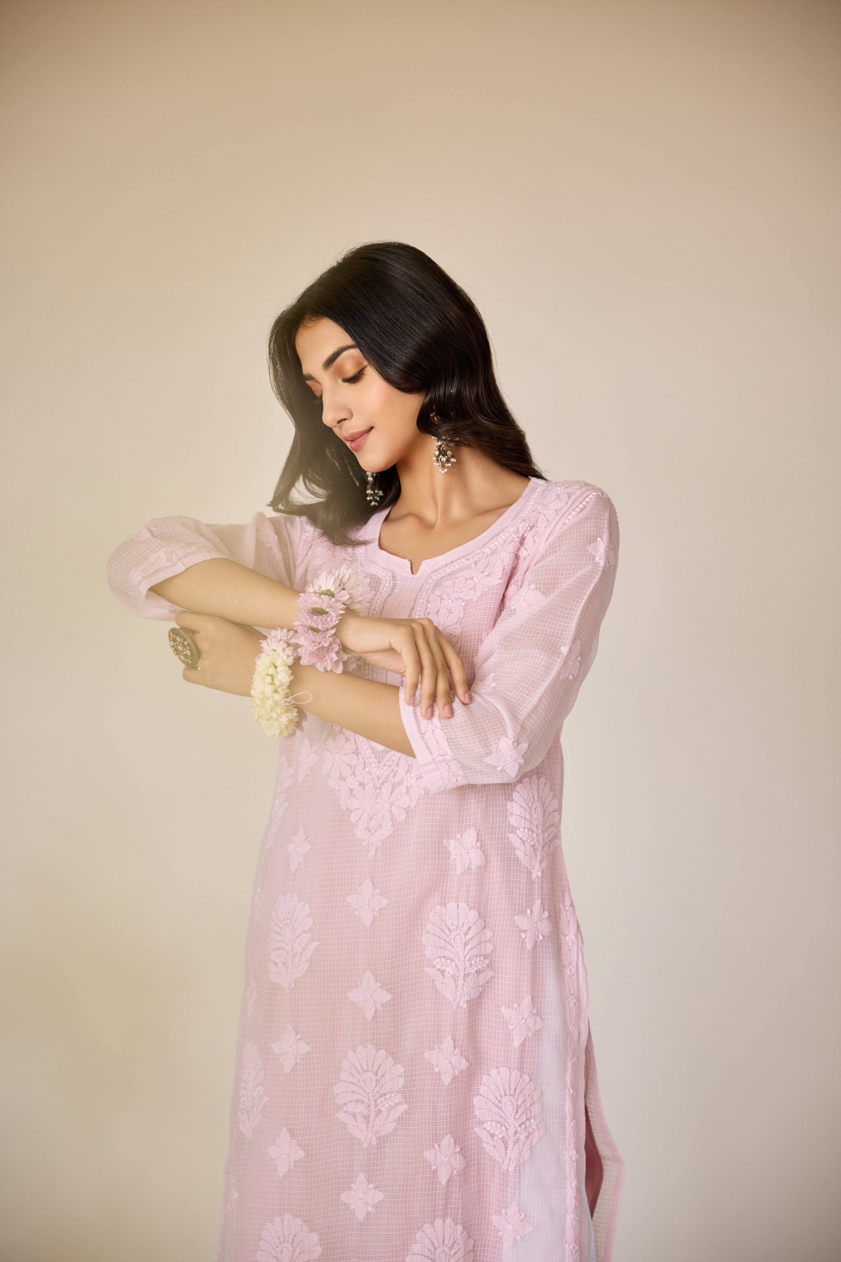 Jayanti Pink Kota Hand Embroidered Chikankari Kurta with Slip