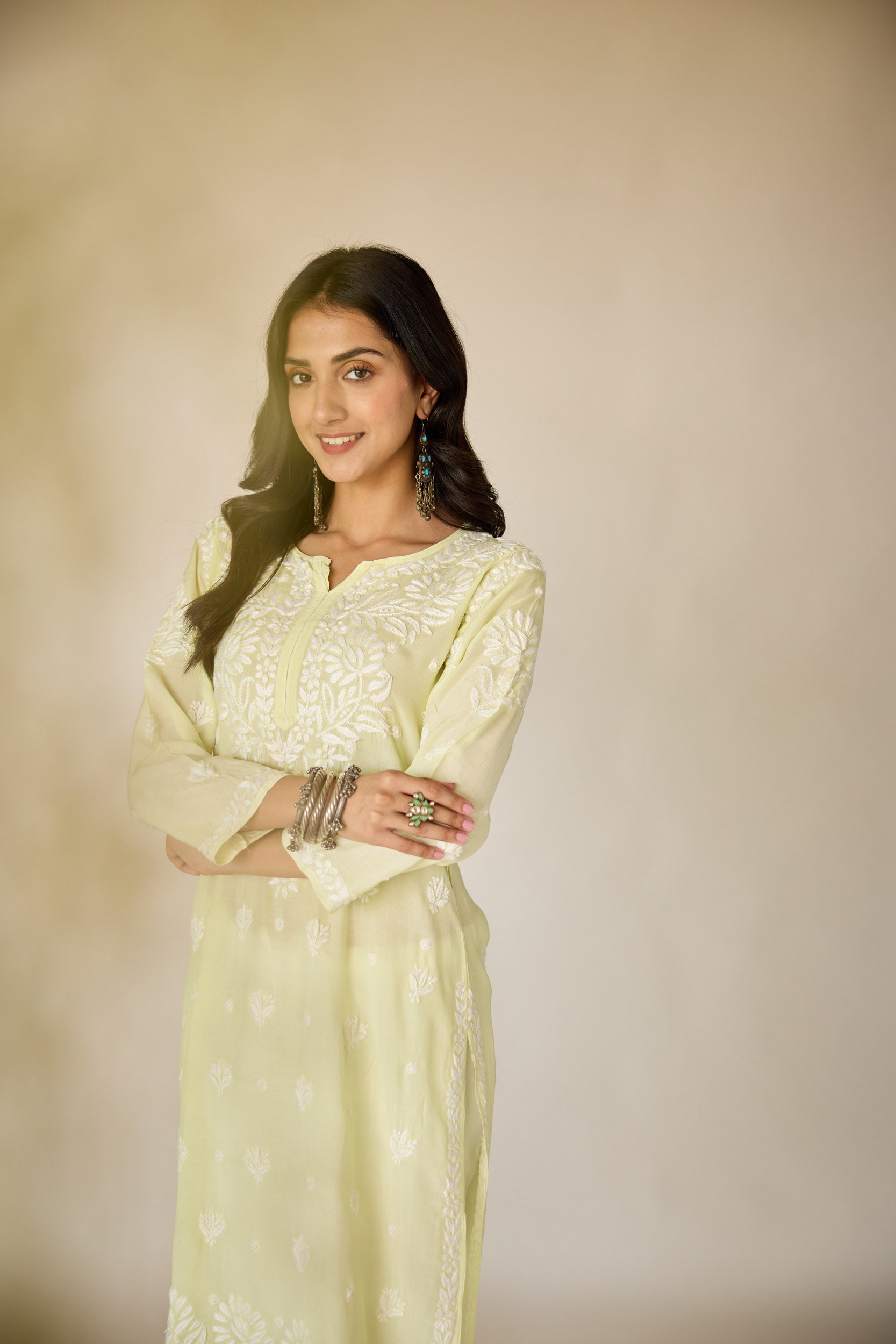 Raha Lime Green Muslin Hand Embroidered Chikankari Kurta