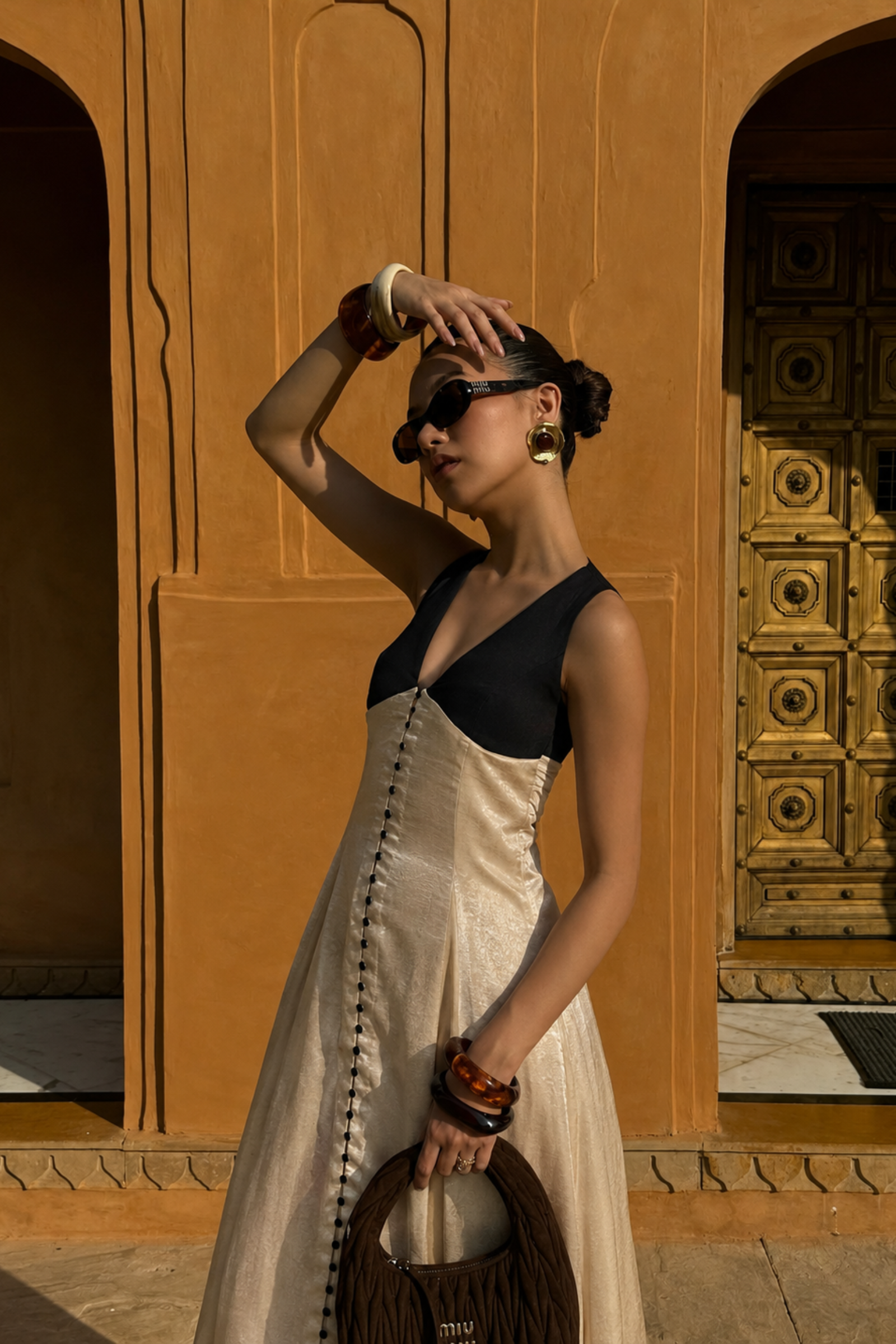 Cairo beige & black contrast satin maxi dress