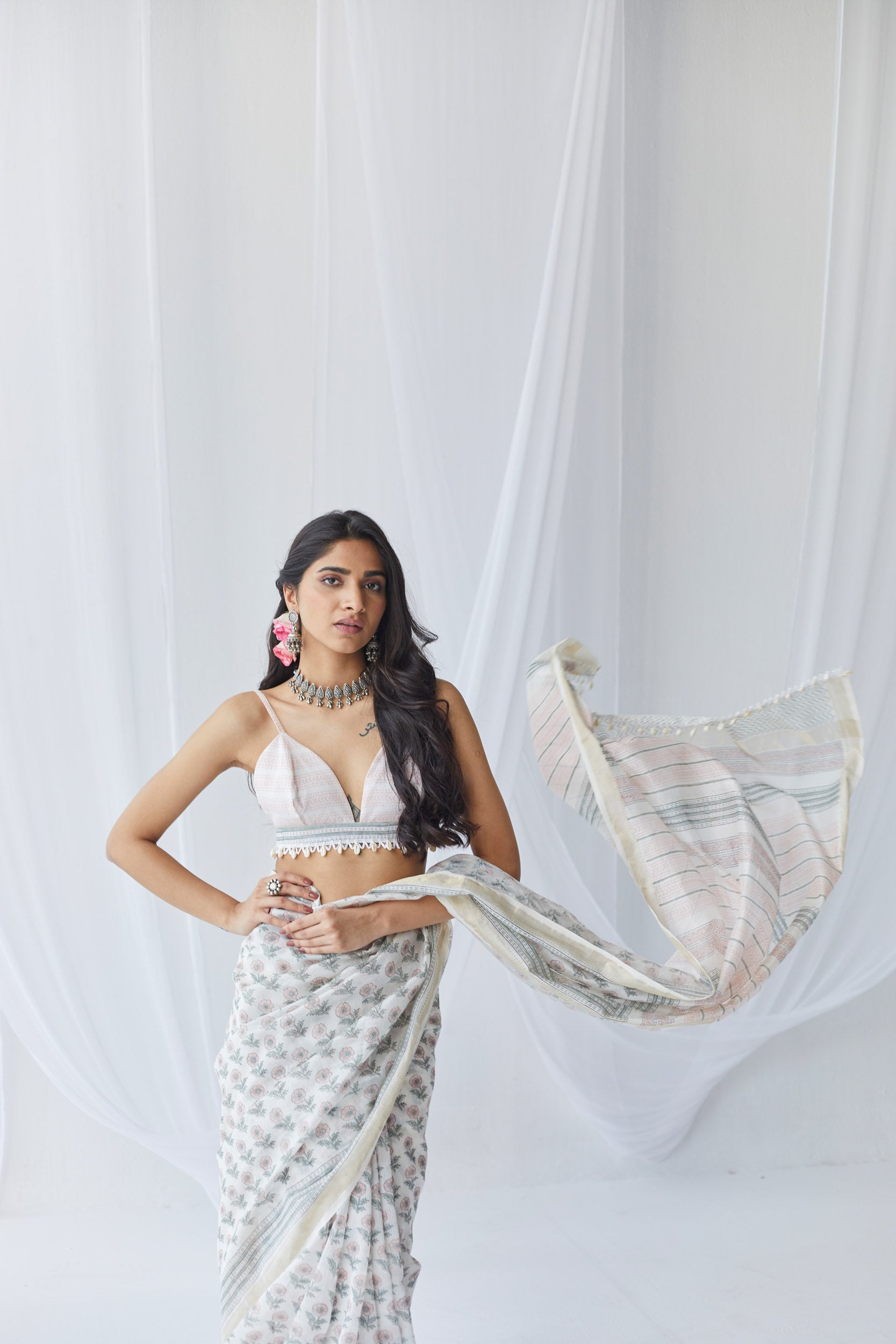 Nazma White Printed Chanderi Silk Saree