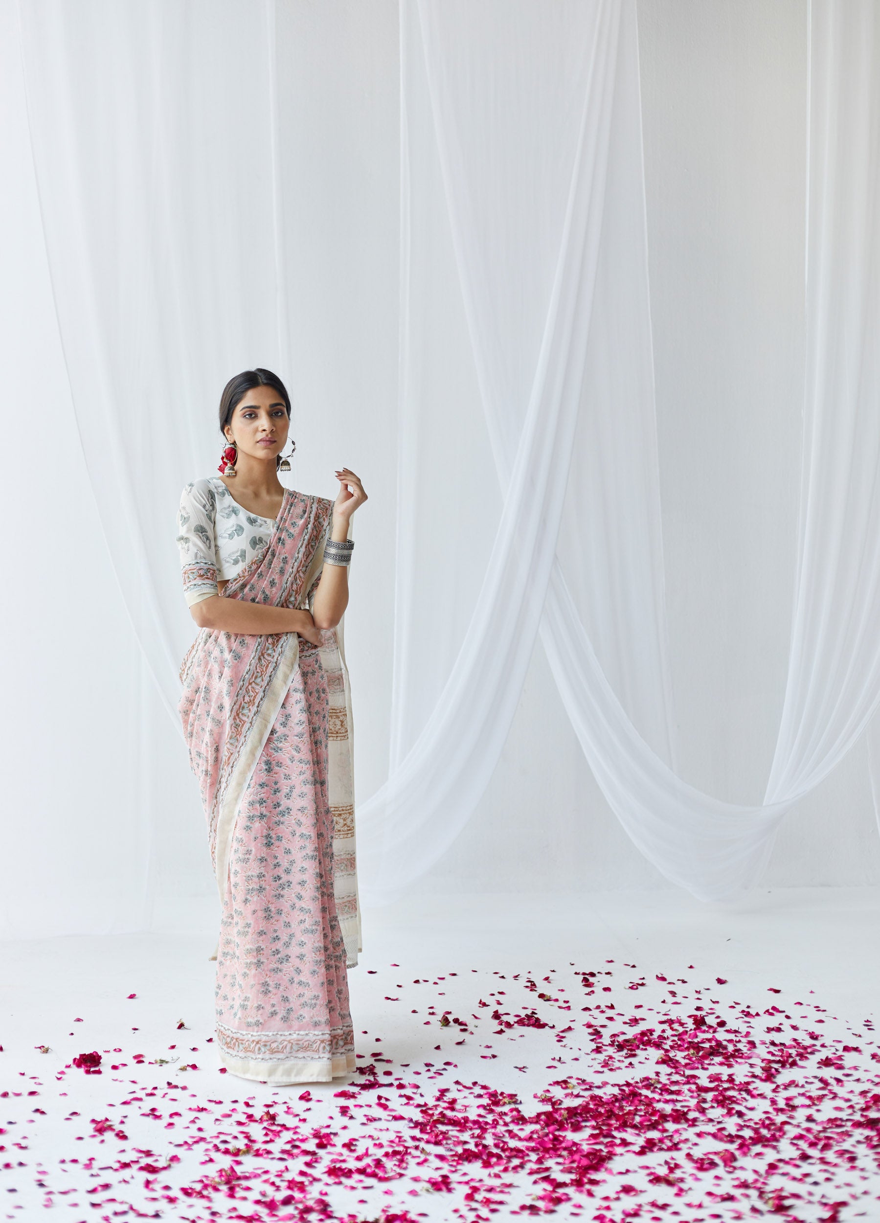 Nasrine Pink & White Printed Chanderi Silk Saree