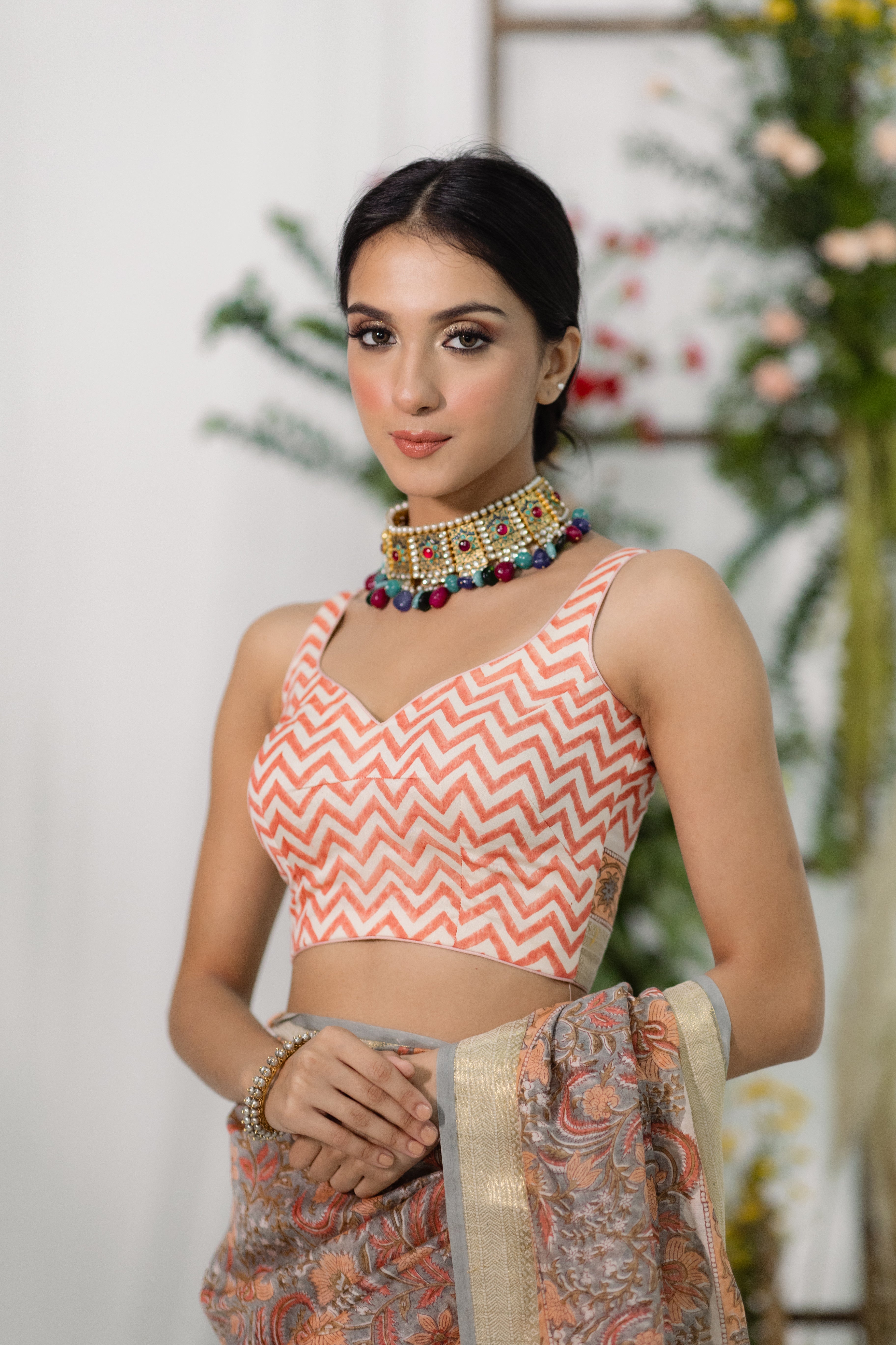 Gulaab Peach & Grey Printed Chanderi Silk Saree