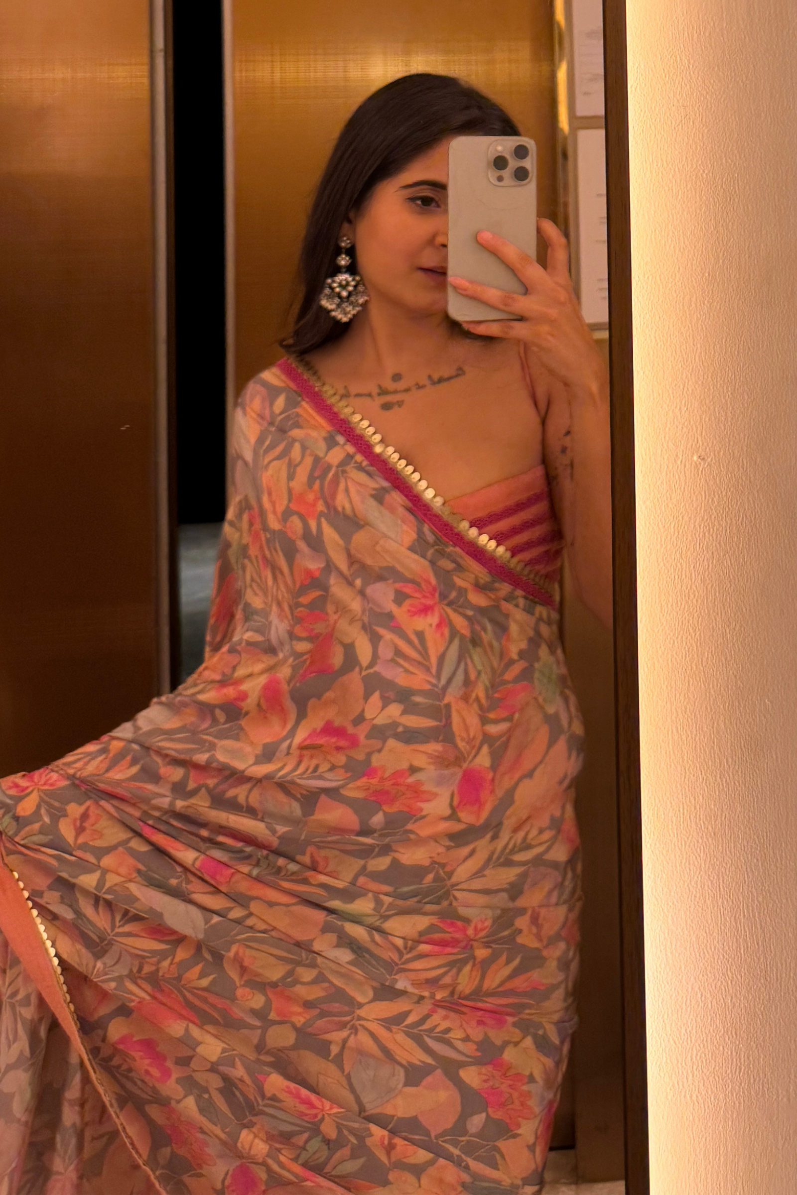 Aarzoo Grey Crepe Saree With Peach Embroidered Blouse
