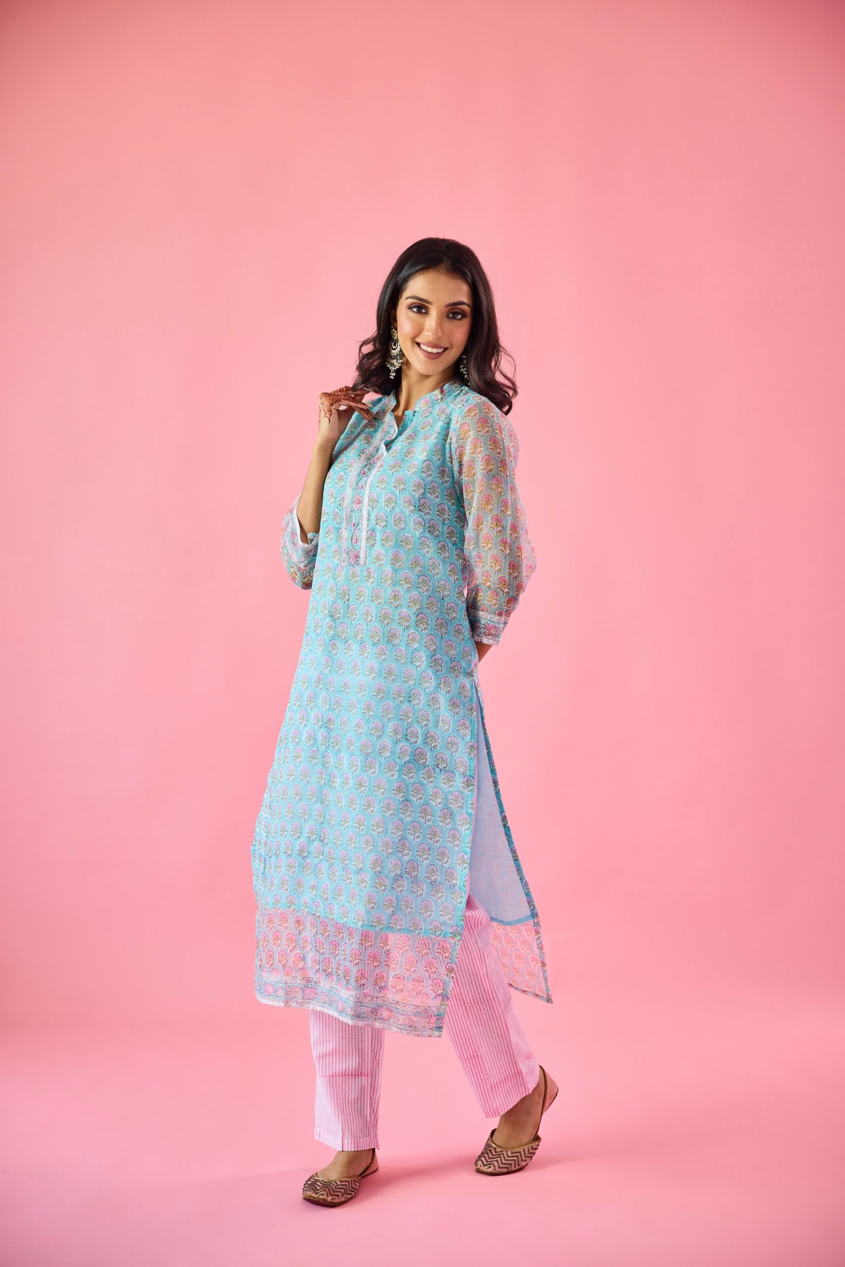 Qudsia Blue & Pink Kota Hand Embellished Kurta Set