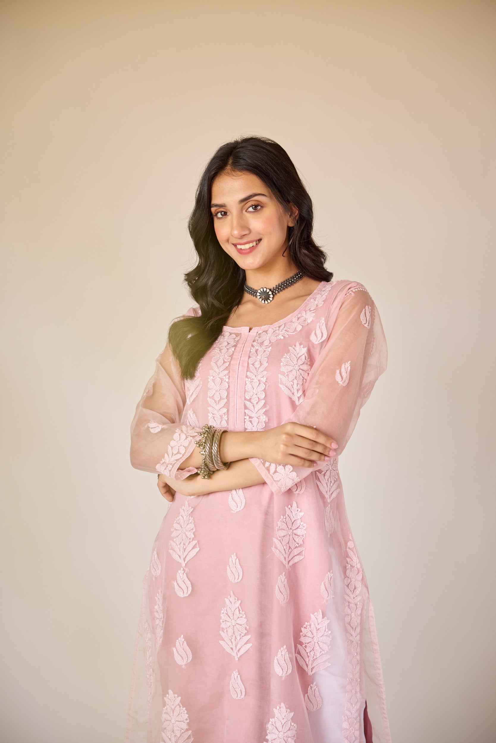Nimrah Pink Organza Hand Embroidered Chikankari Kurta with Slip