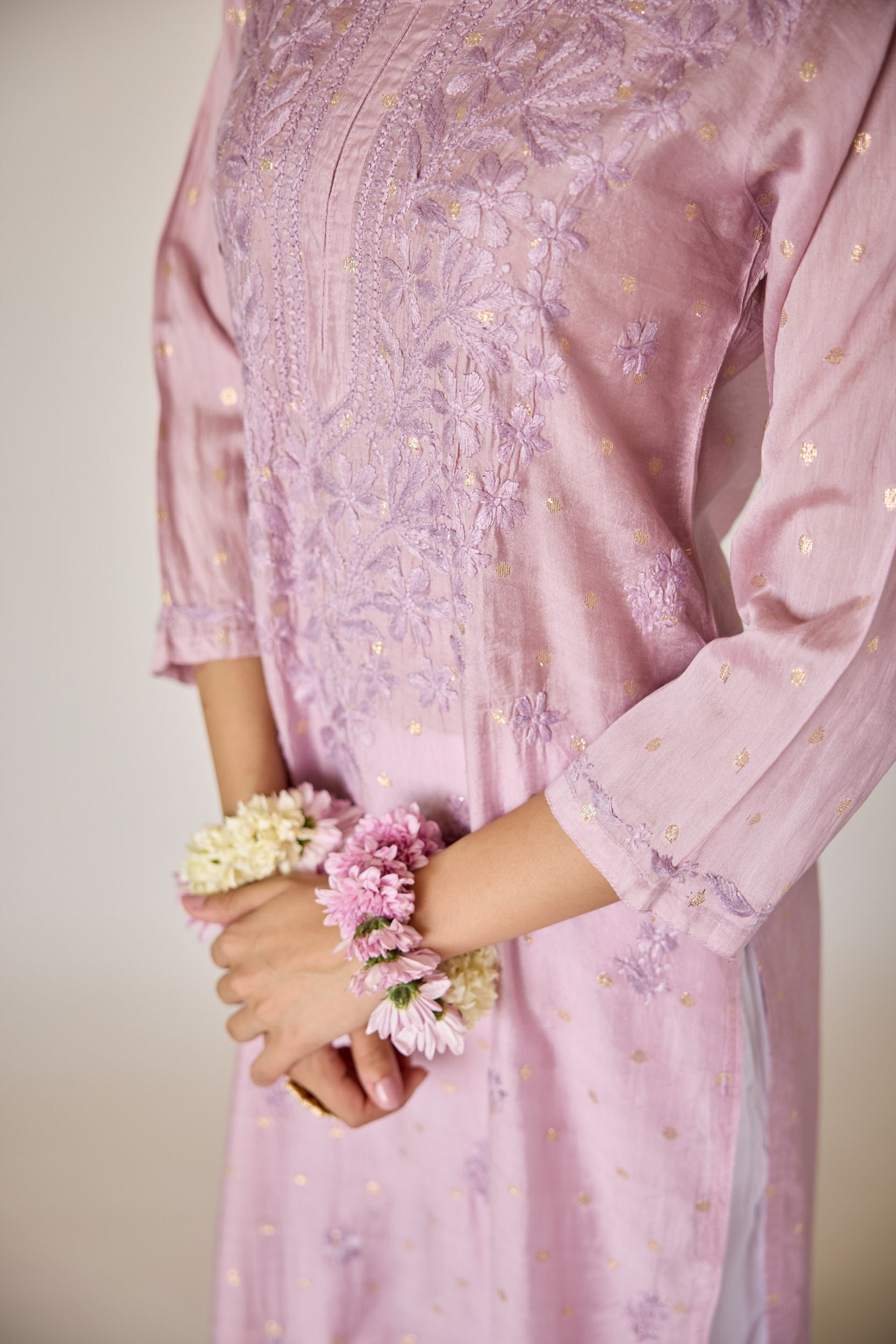 Jasmine Lilac Chanderi Hand Embroidered Chikankari Kurta