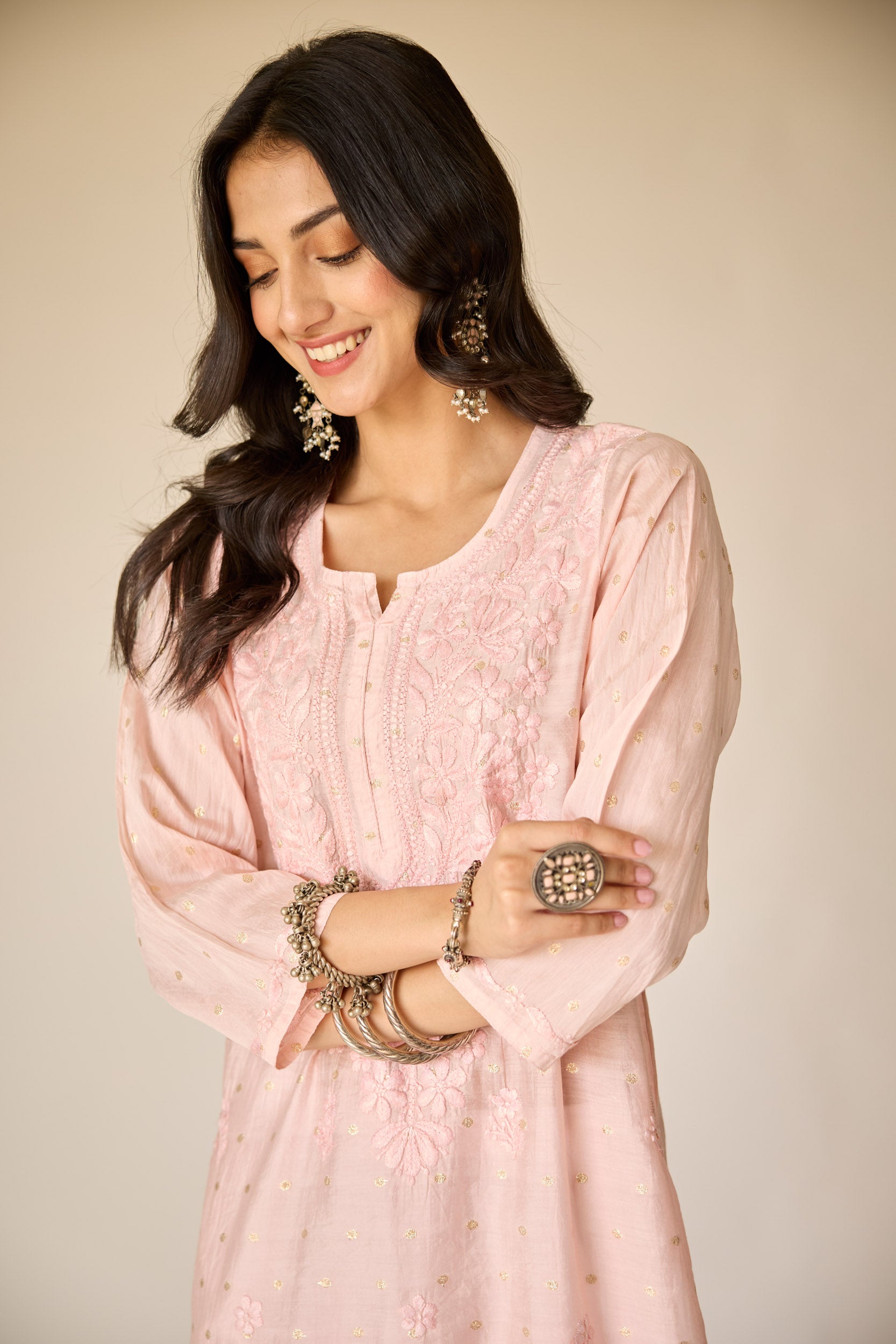 Zubaida Blush Pink Chanderi Hand Embroidered Chikankari Kurta