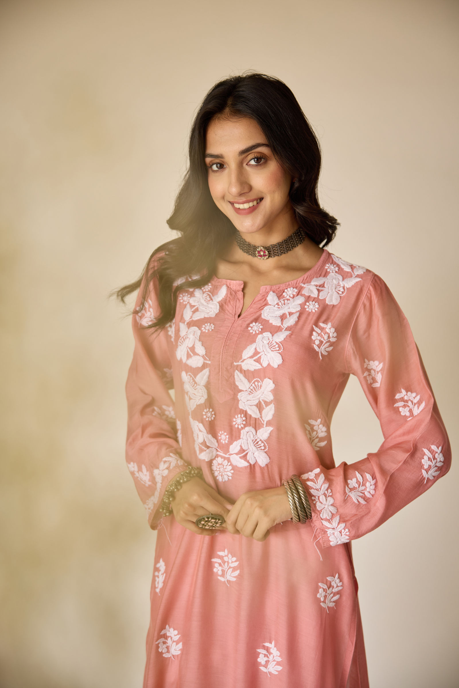 Sumaiya Rust Pink Muslin Hand Embroidered Chikankari Kurta
