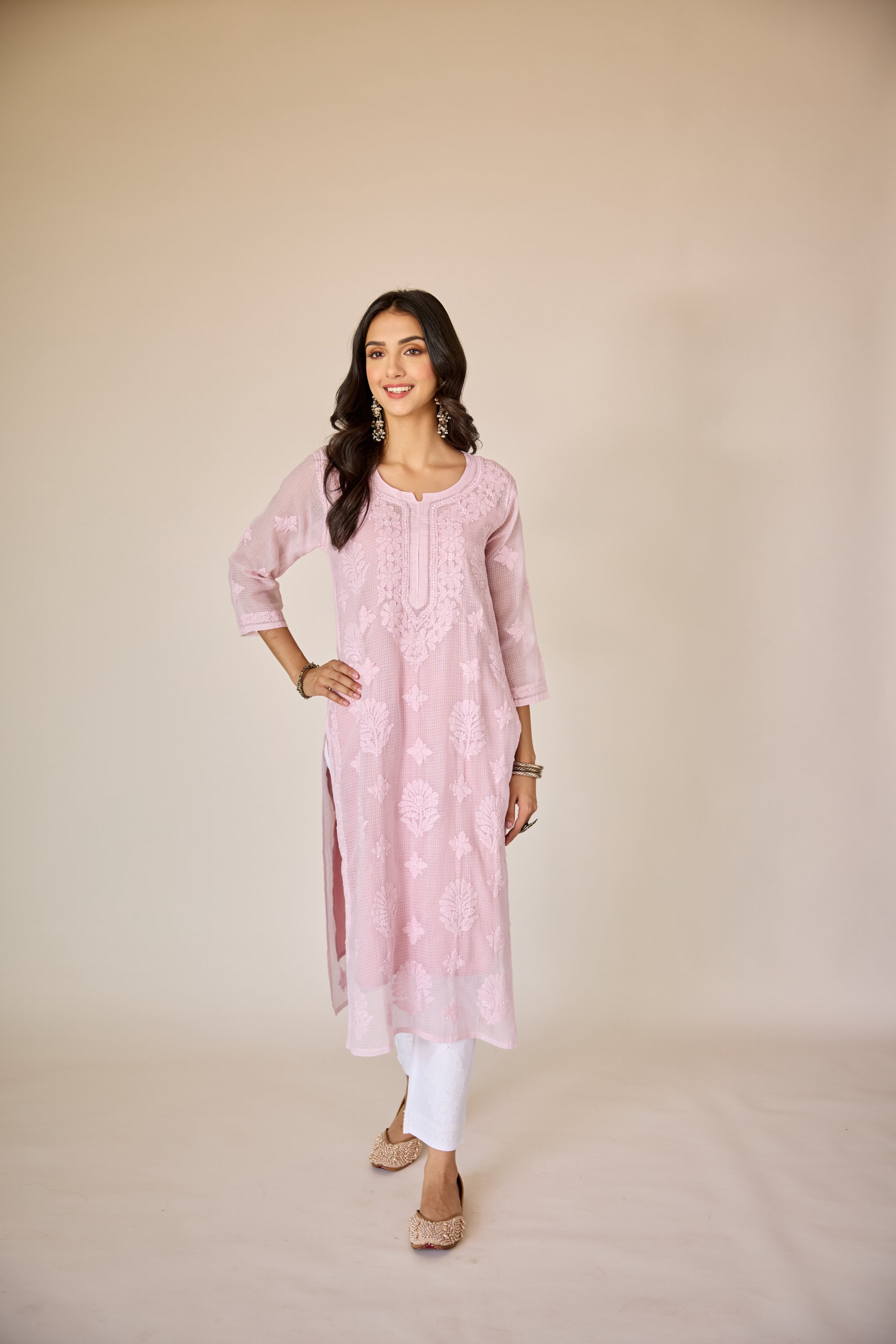 Jayanti Pink Kota Hand Embroidered Chikankari Kurta with Slip