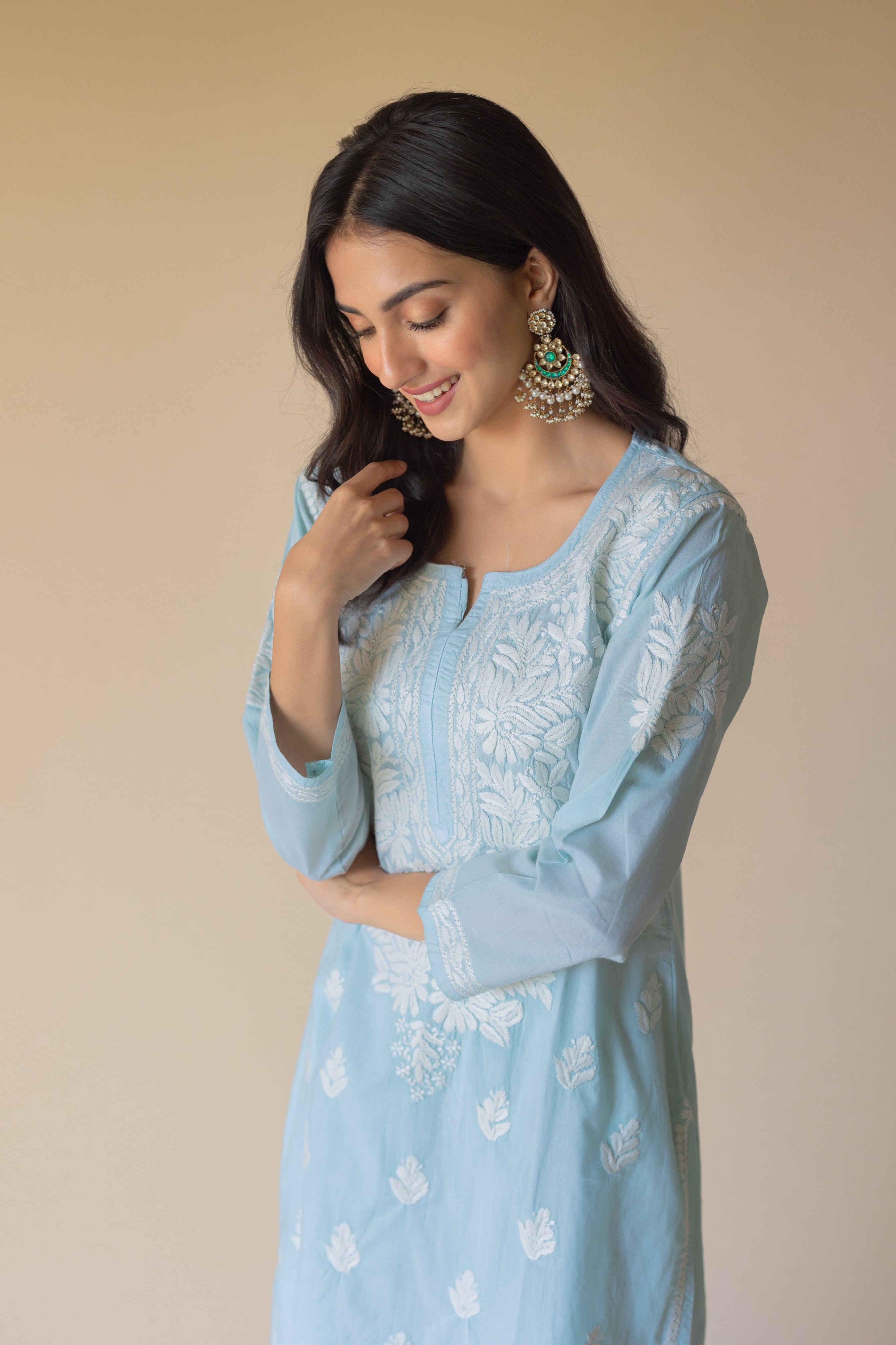 Nazma Cotton Blue Hand Embroidered Chikankari Kurta