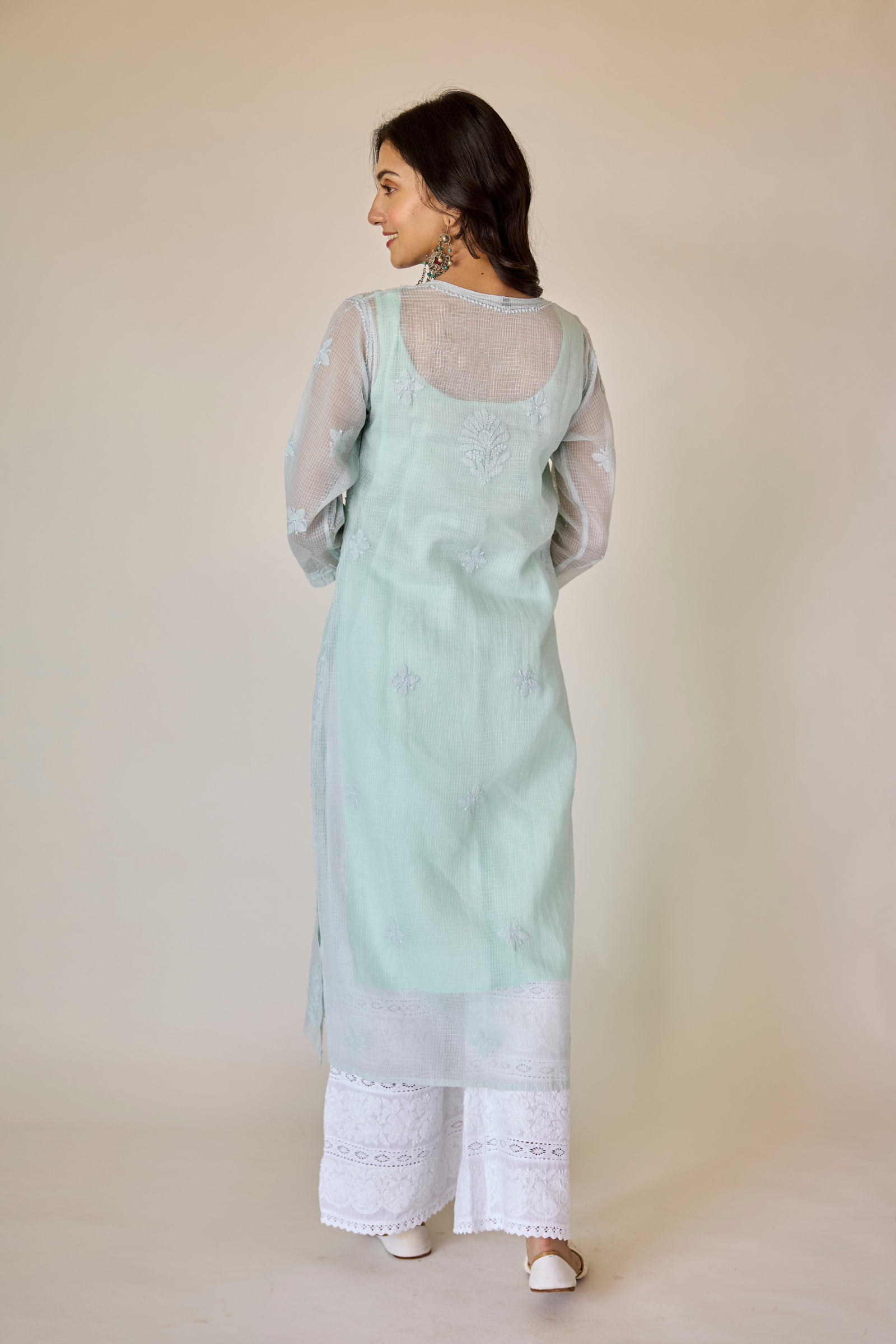 Dehra Blue Kota Hand Embroidered Chikankari Kurta with Slip