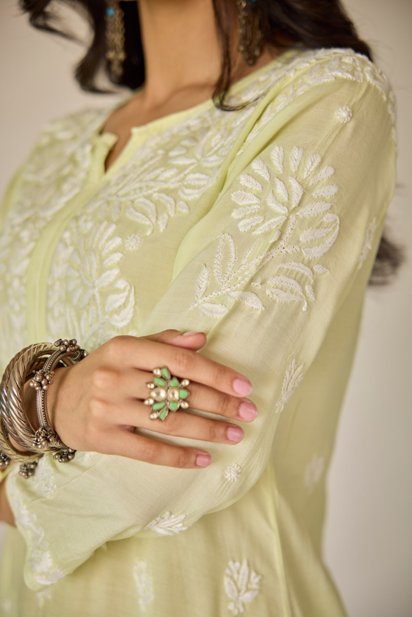 Raha Lime Green Muslin Hand Embroidered Chikankari Kurta