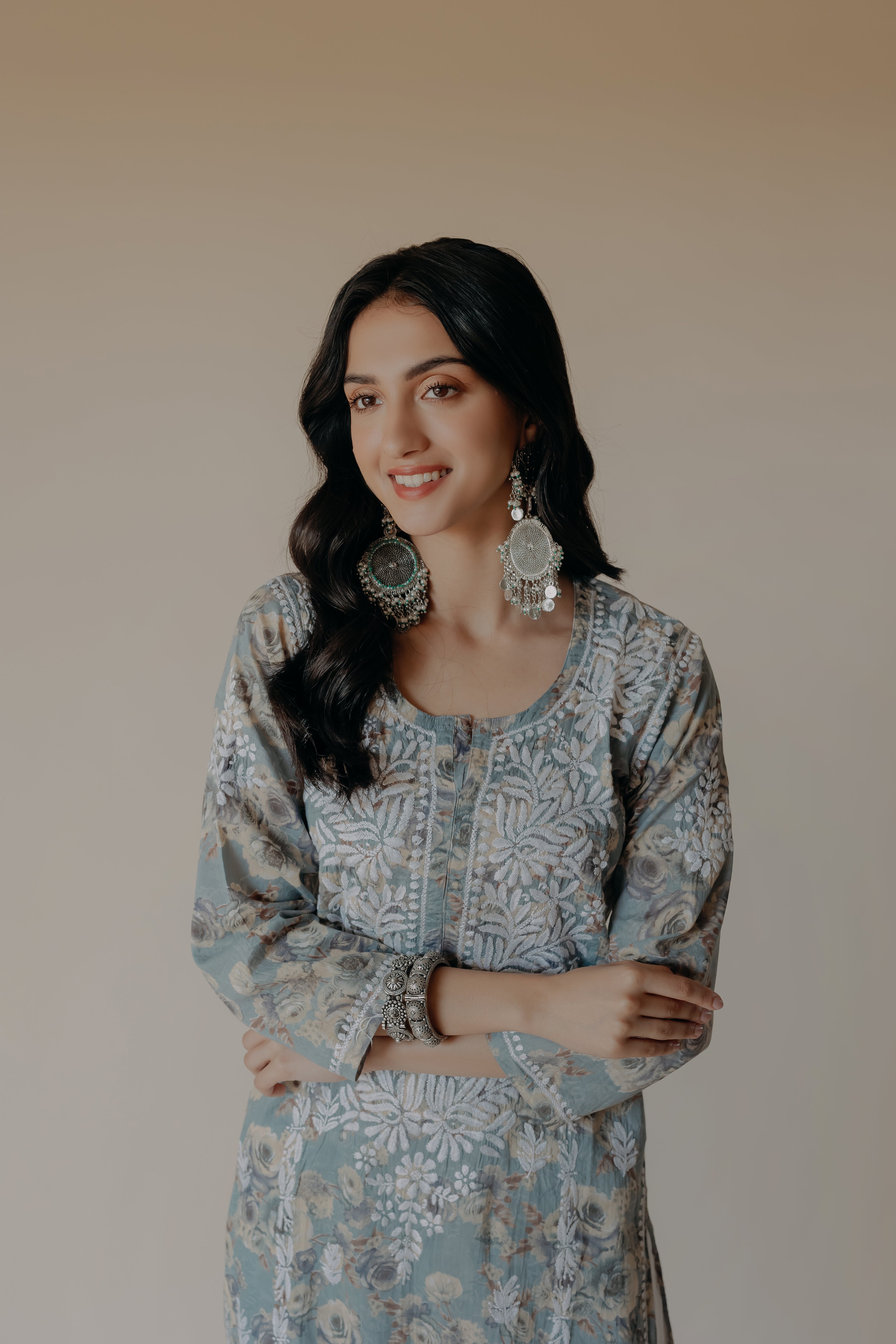 Gauri Blue Mulmul Chikankari Printed Kurta