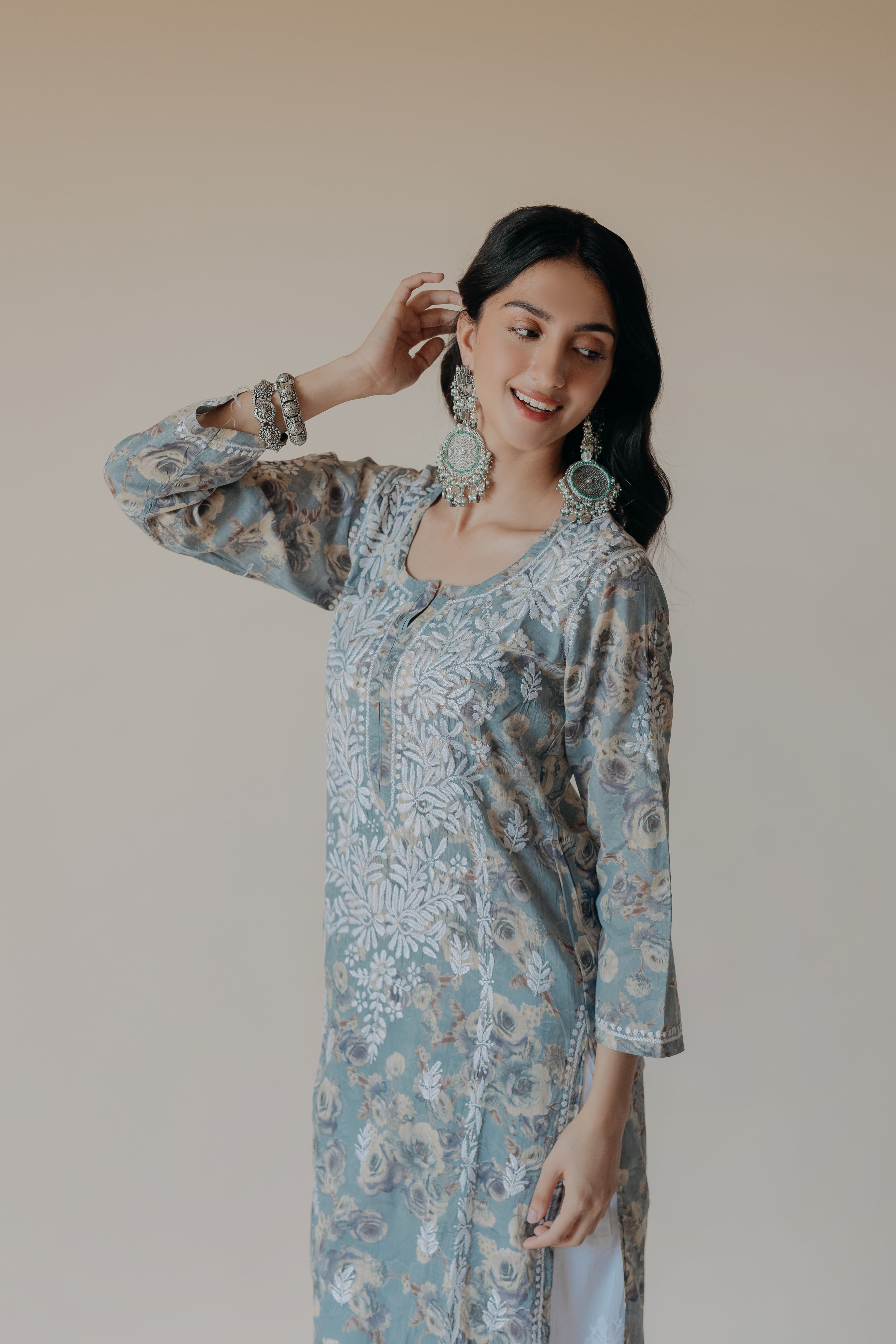 Gauri Blue Mulmul Chikankari Printed Kurta