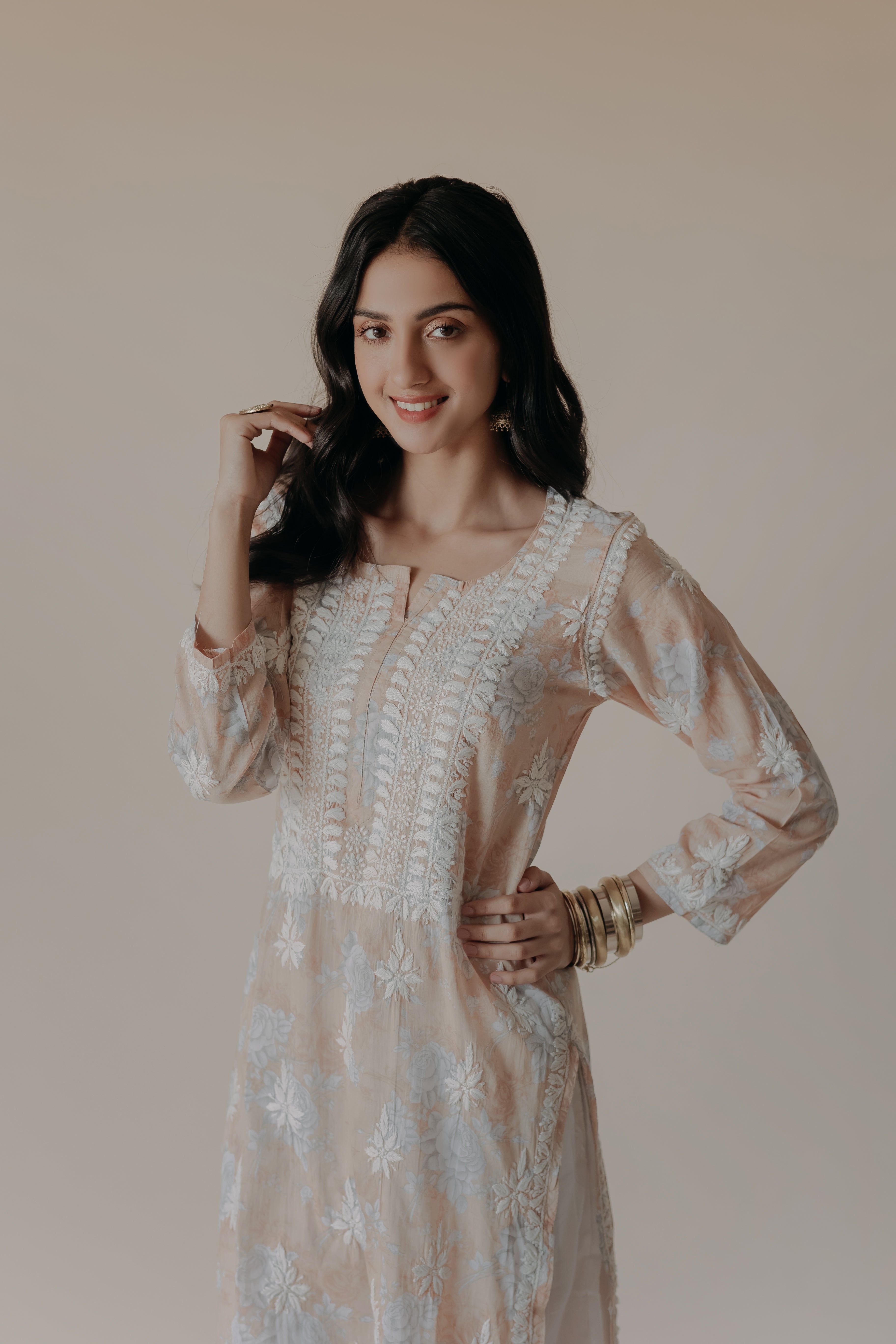 Anam Peach Mulmul Chikankari Printed Kurta