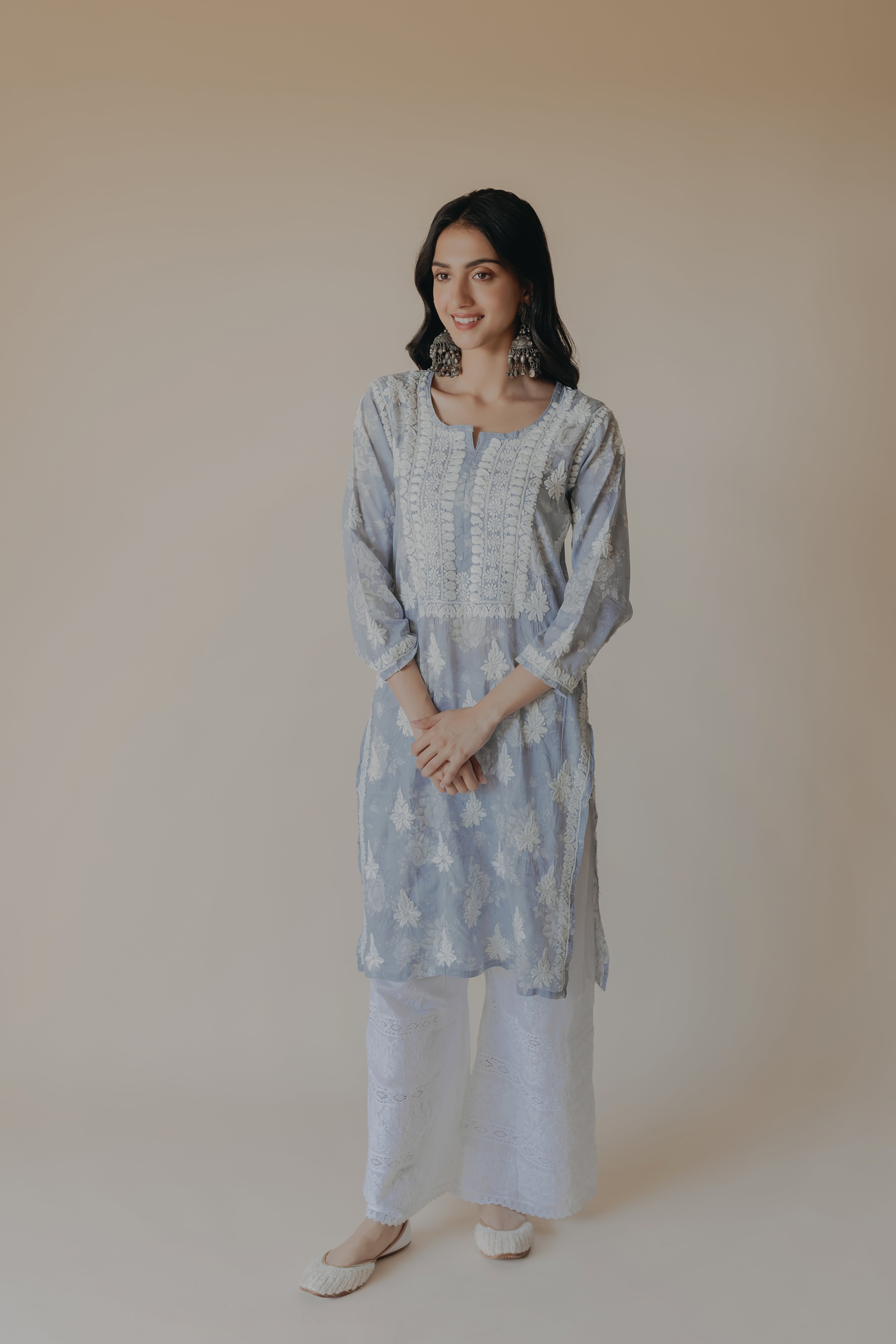 Adiva Blue Mulmul Chikankari Printed Kurta