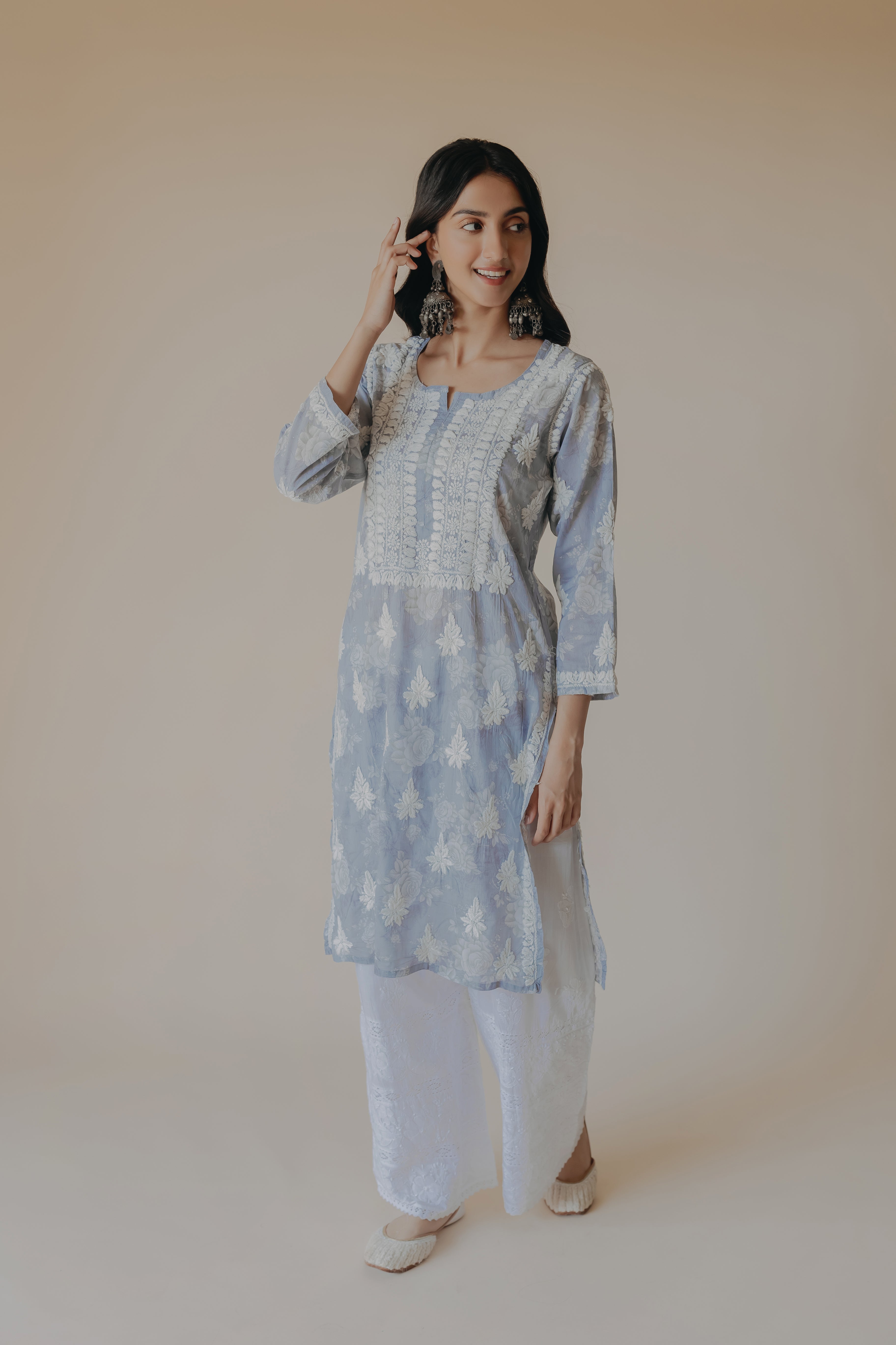 Adiva Blue Mulmul Chikankari Printed Kurta