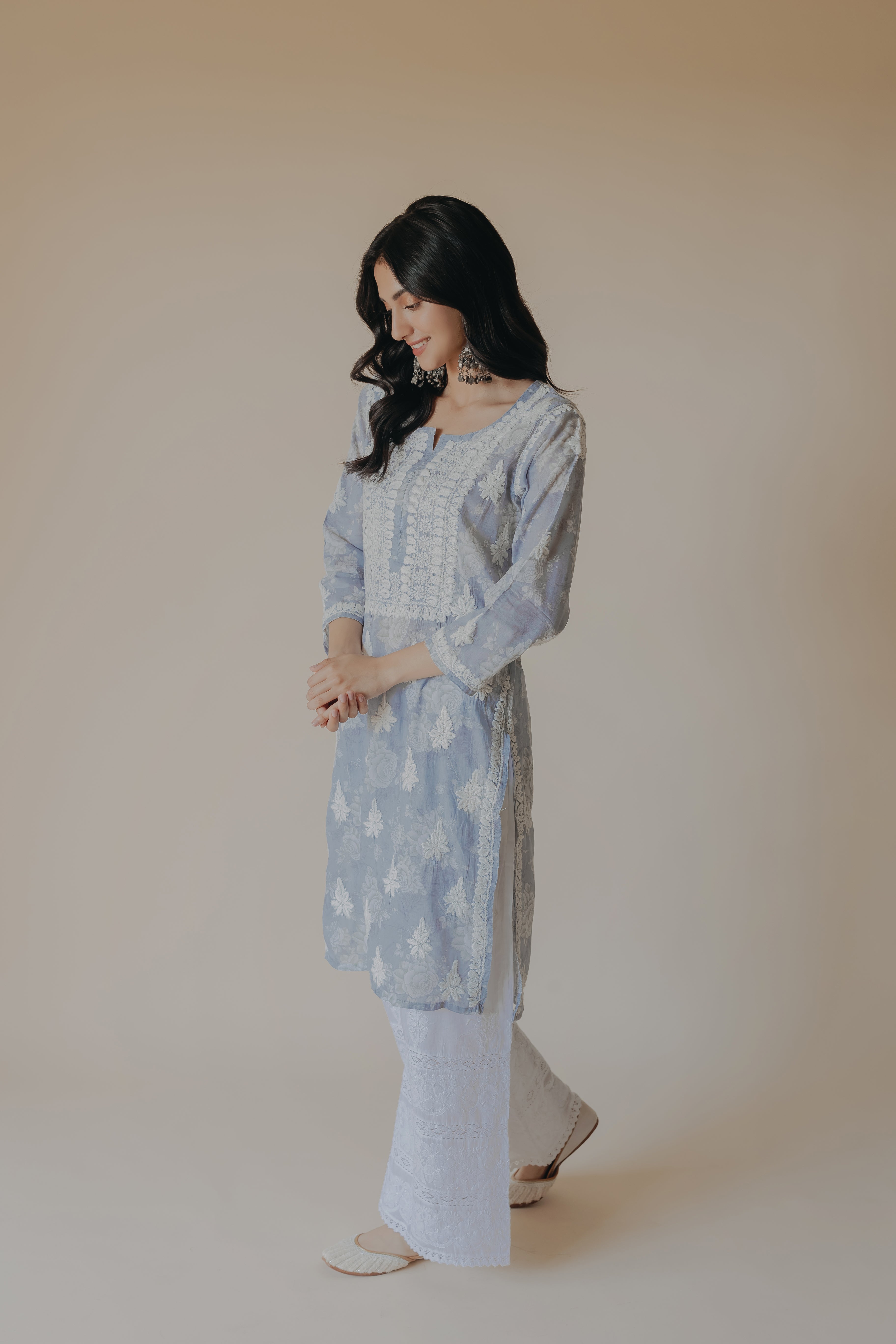 Adiva Blue Mulmul Chikankari Printed Kurta