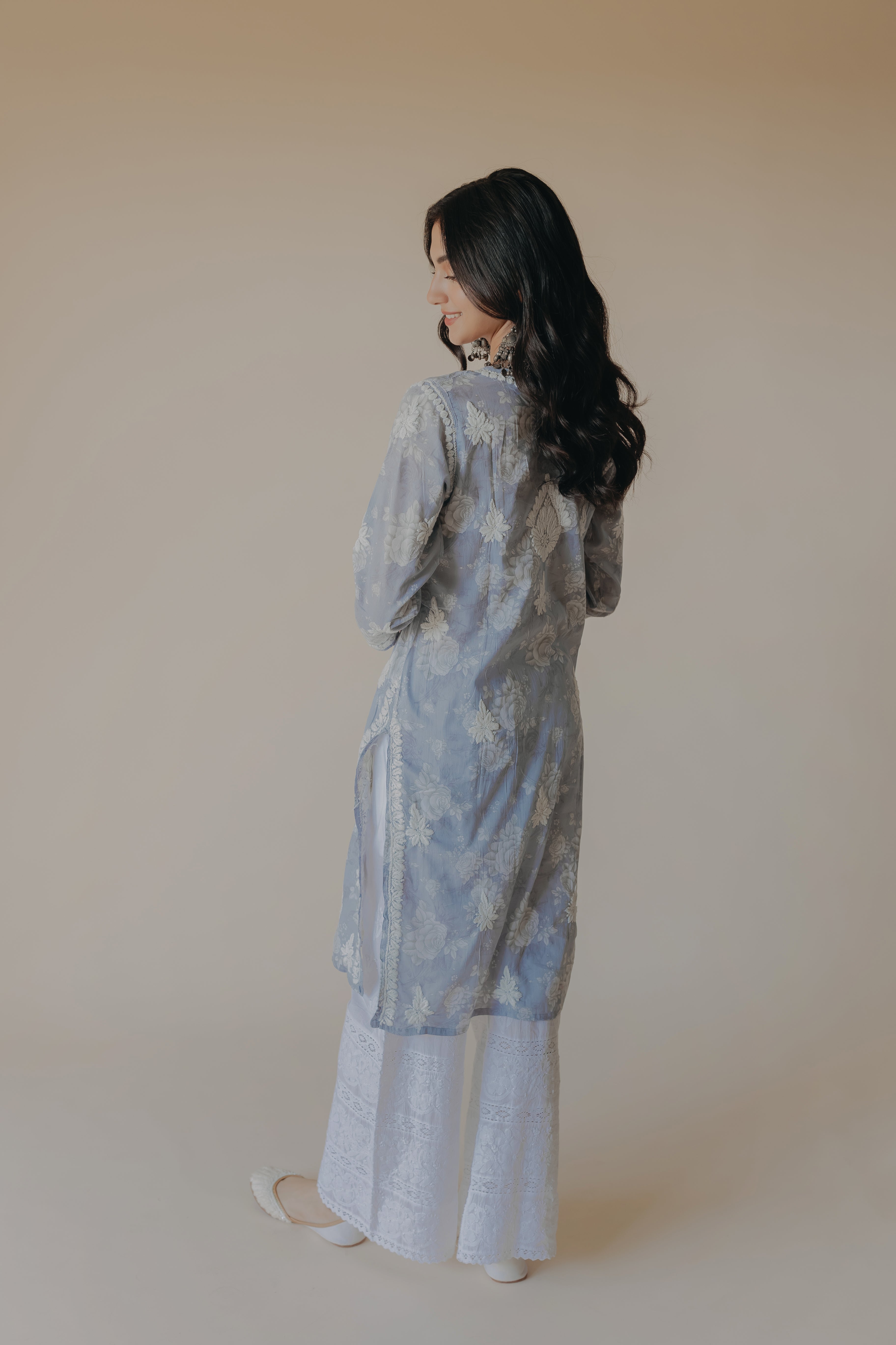Adiva Blue Mulmul Chikankari Printed Kurta