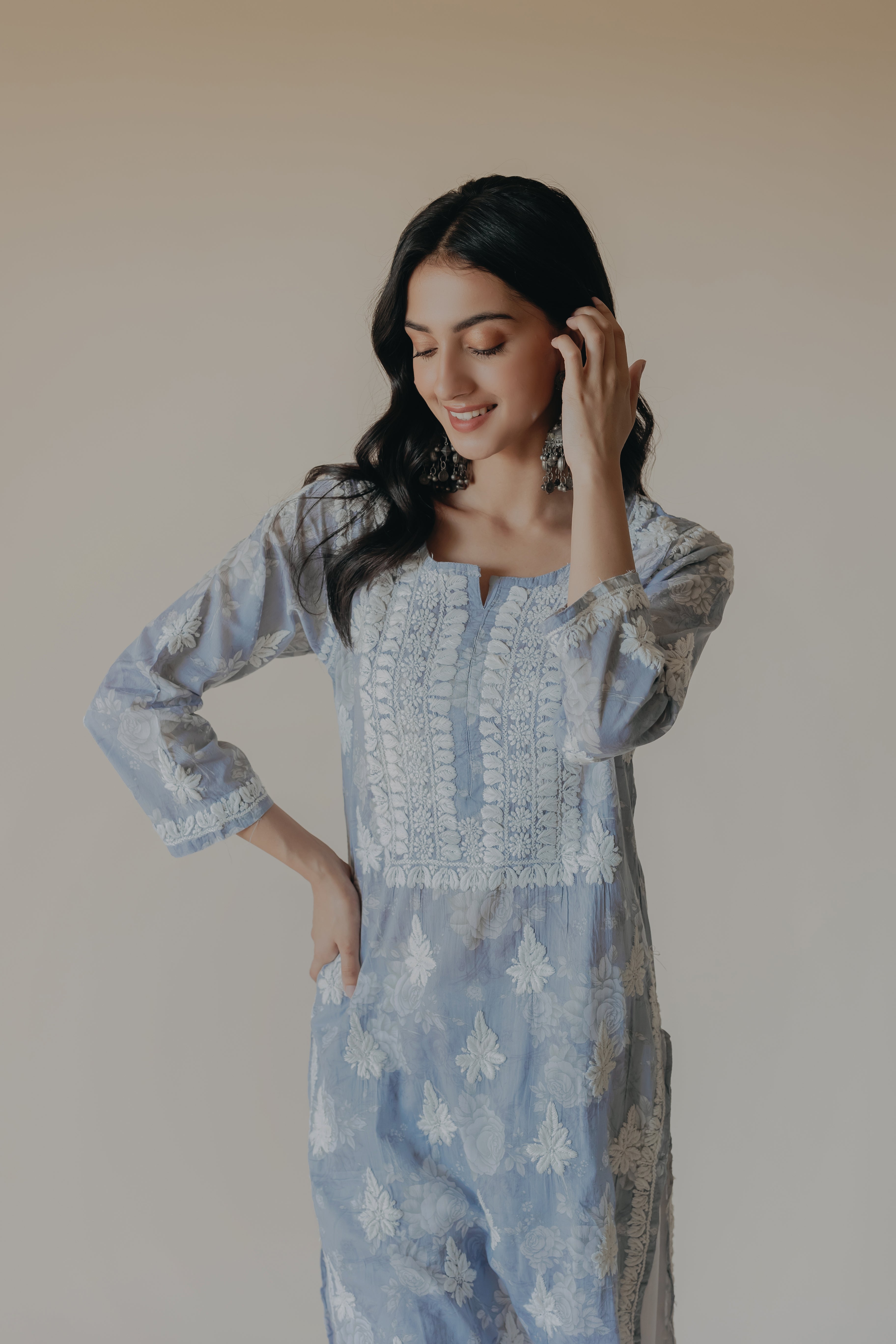 Adiva Blue Mulmul Chikankari Printed Kurta