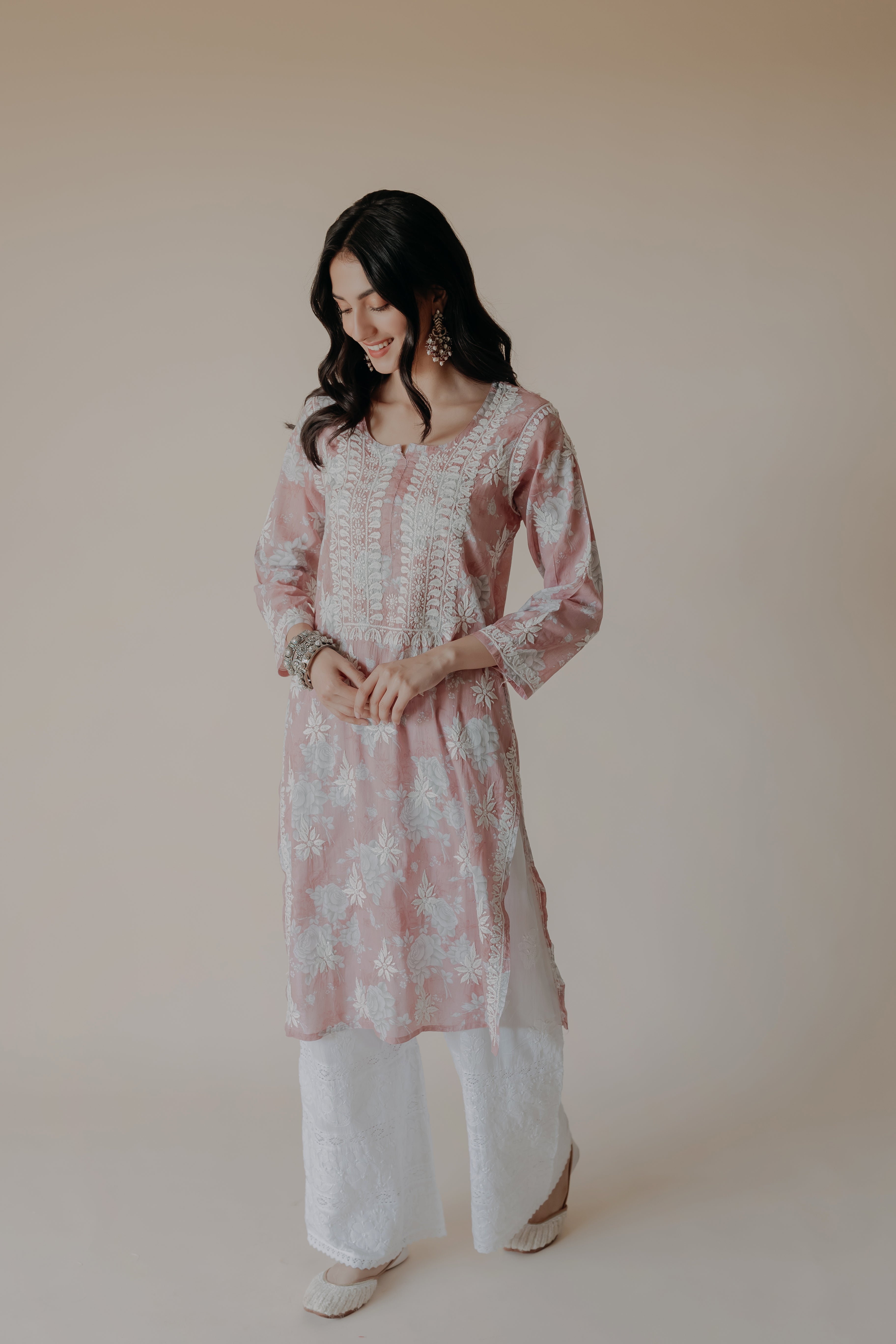 Zubi Pink Mulmul Chikankari Printed Kurta