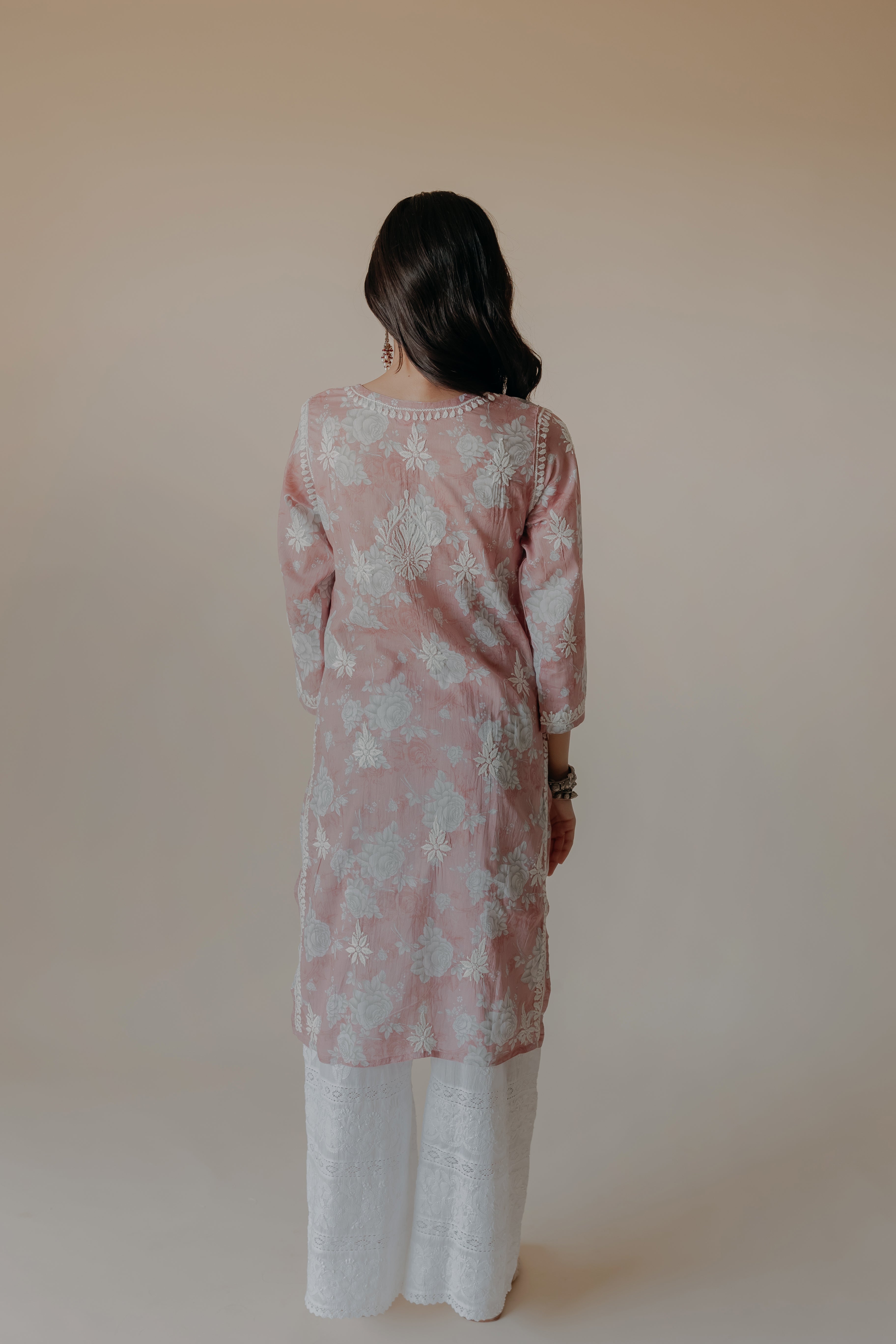Zubi Pink Mulmul Chikankari Printed Kurta