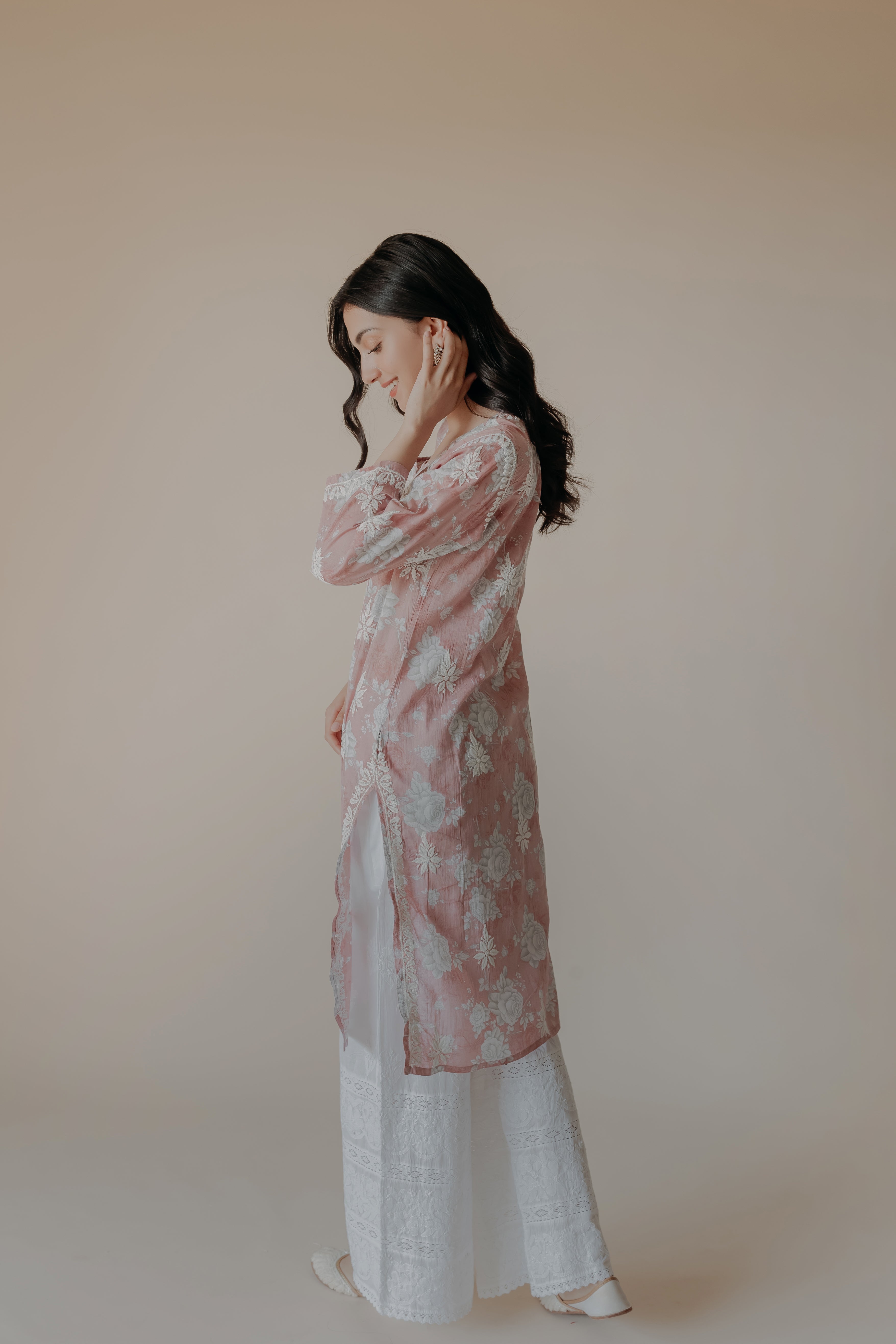 Zubi Pink Mulmul Chikankari Printed Kurta