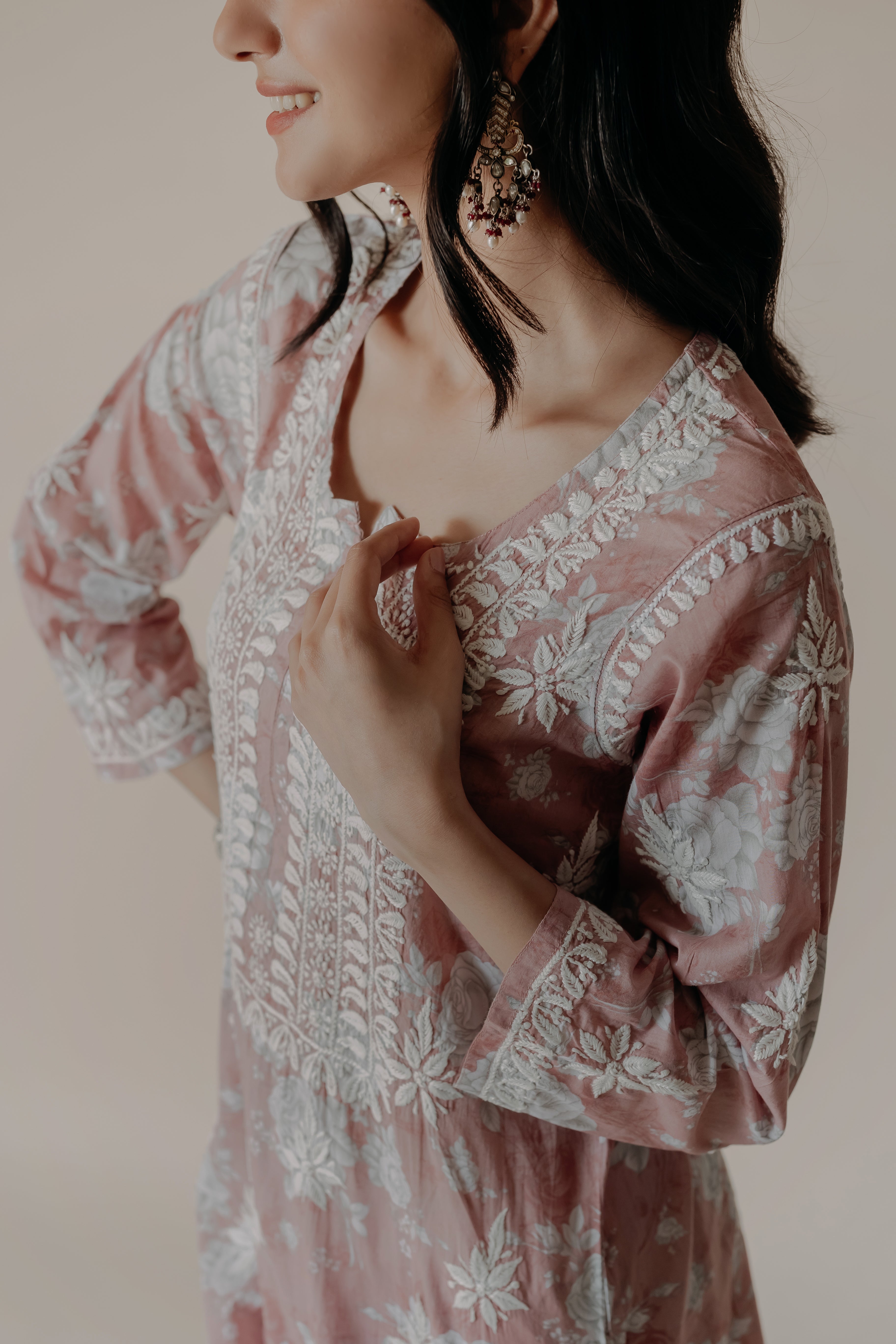 Zubi Pink Mulmul Chikankari Printed Kurta