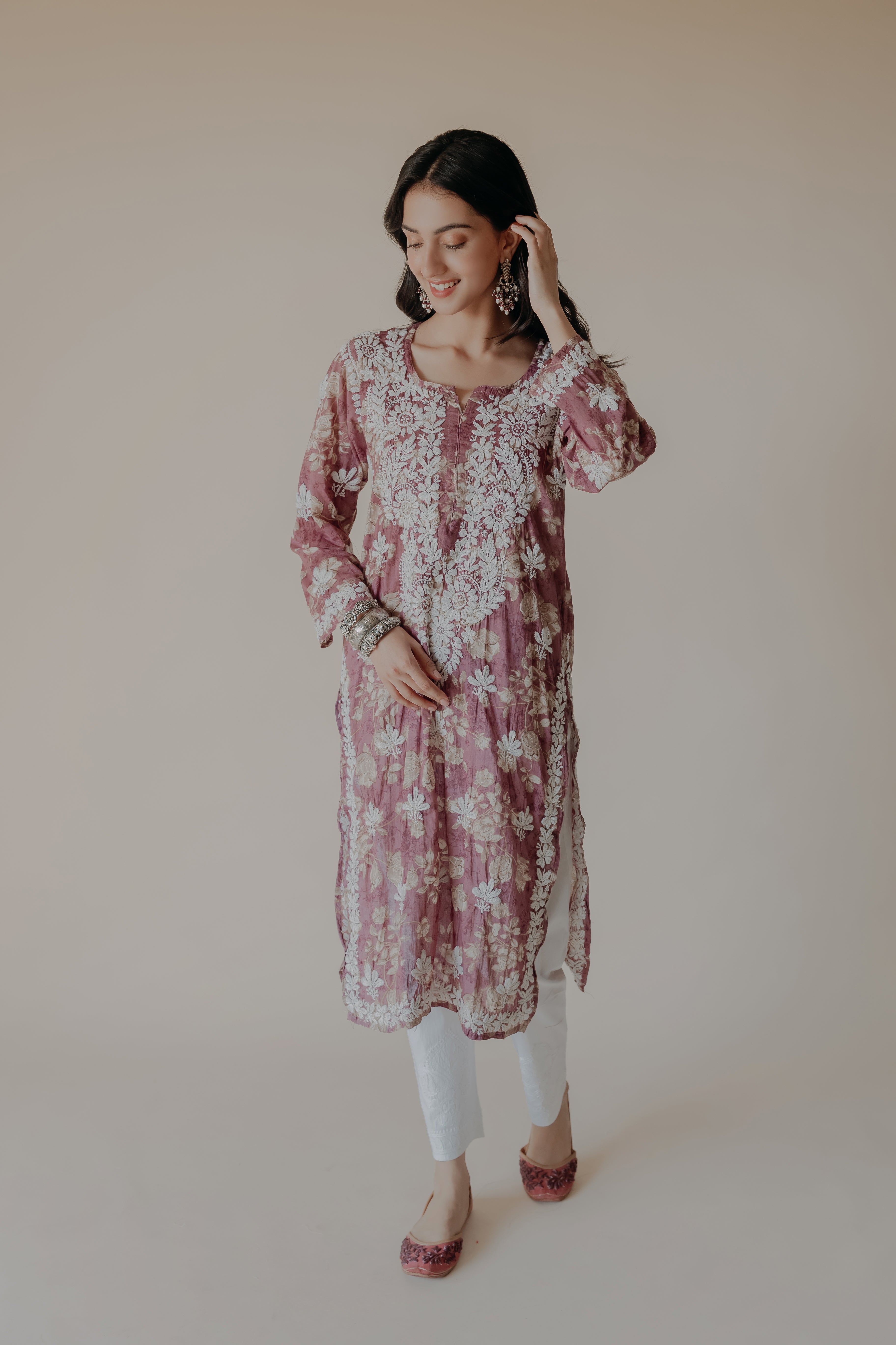Alizeh Wine Mulmul Chikankari Printed Kurta