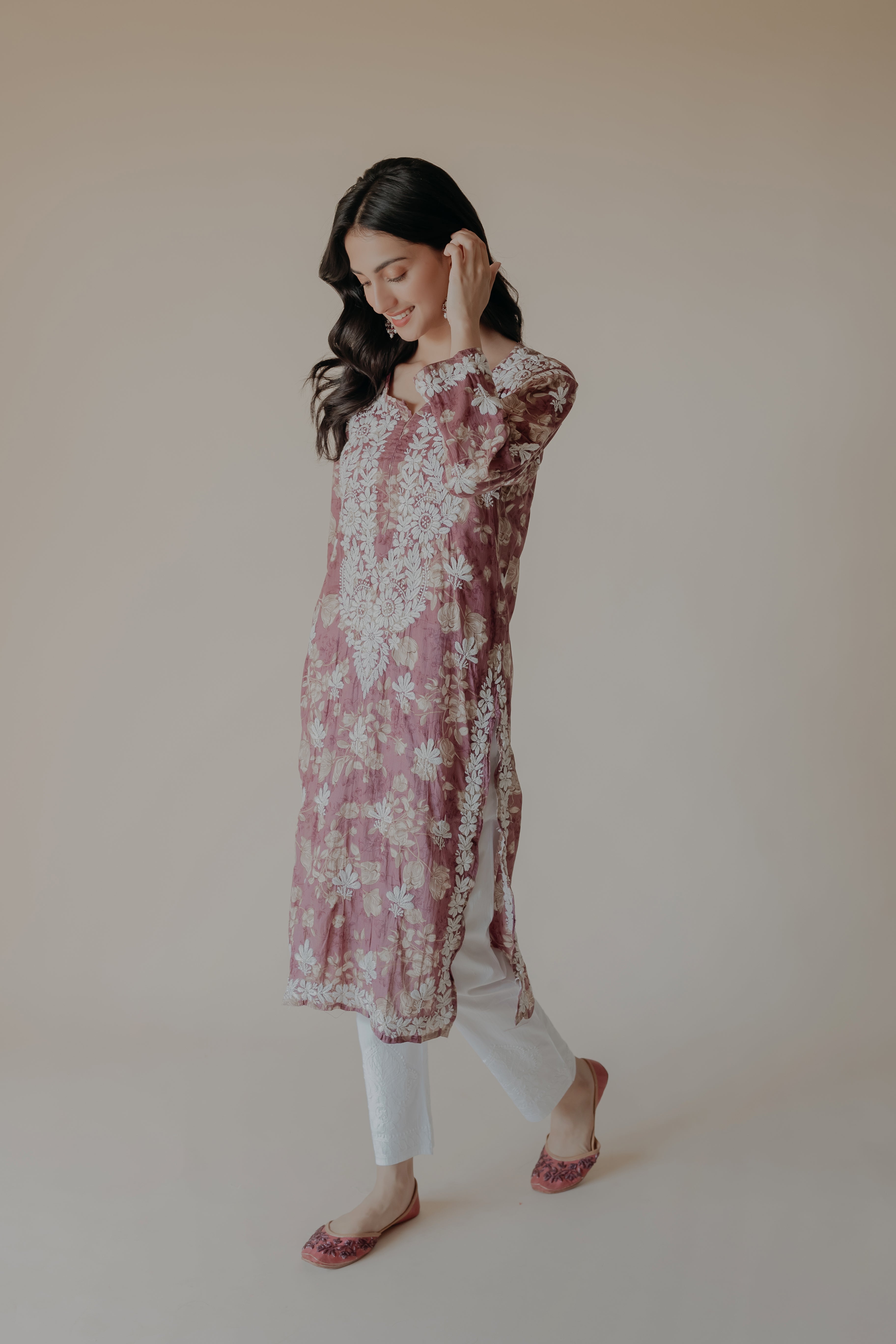 Alizeh Wine Mulmul Chikankari Printed Kurta