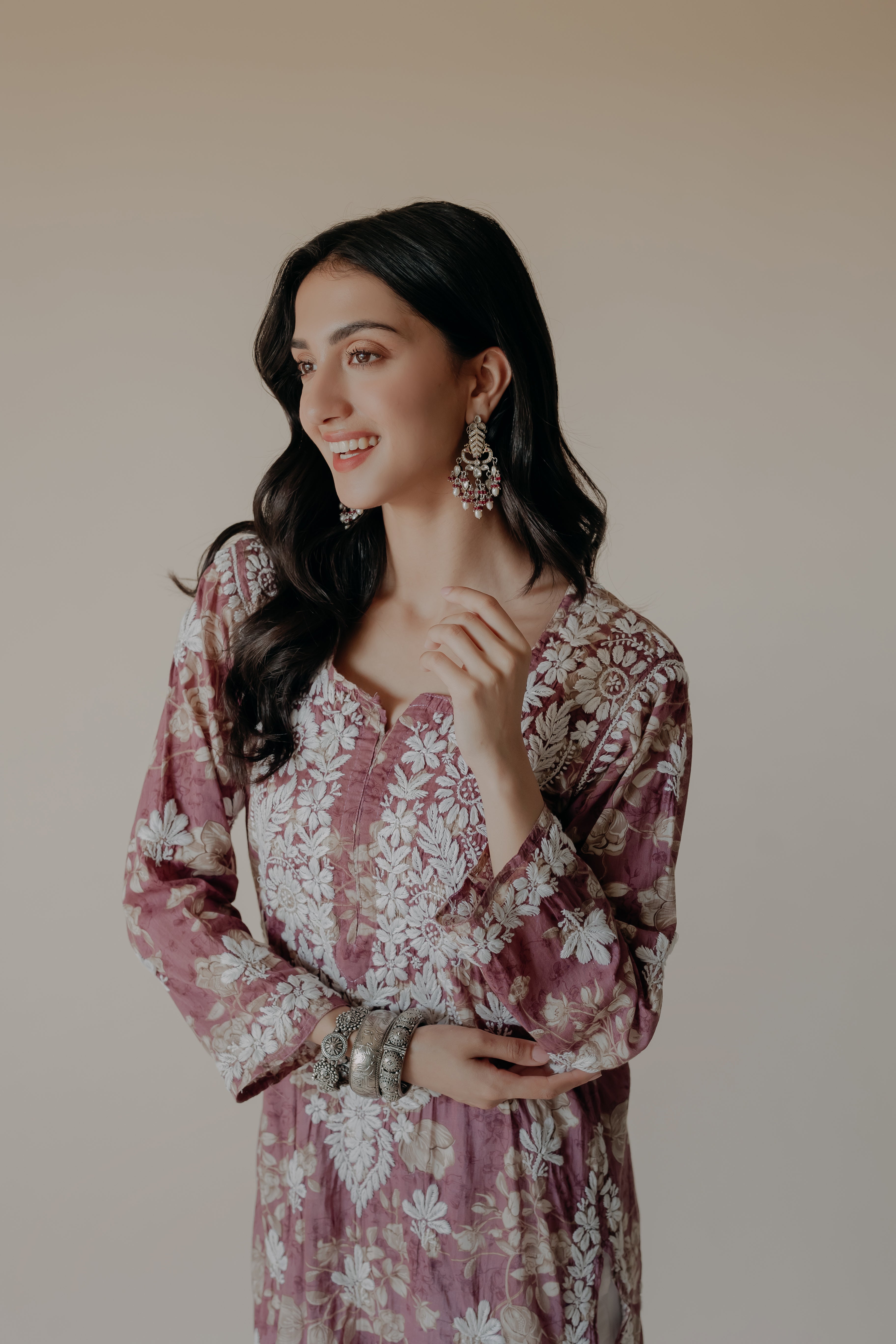 Alizeh Wine Mulmul Chikankari Printed Kurta