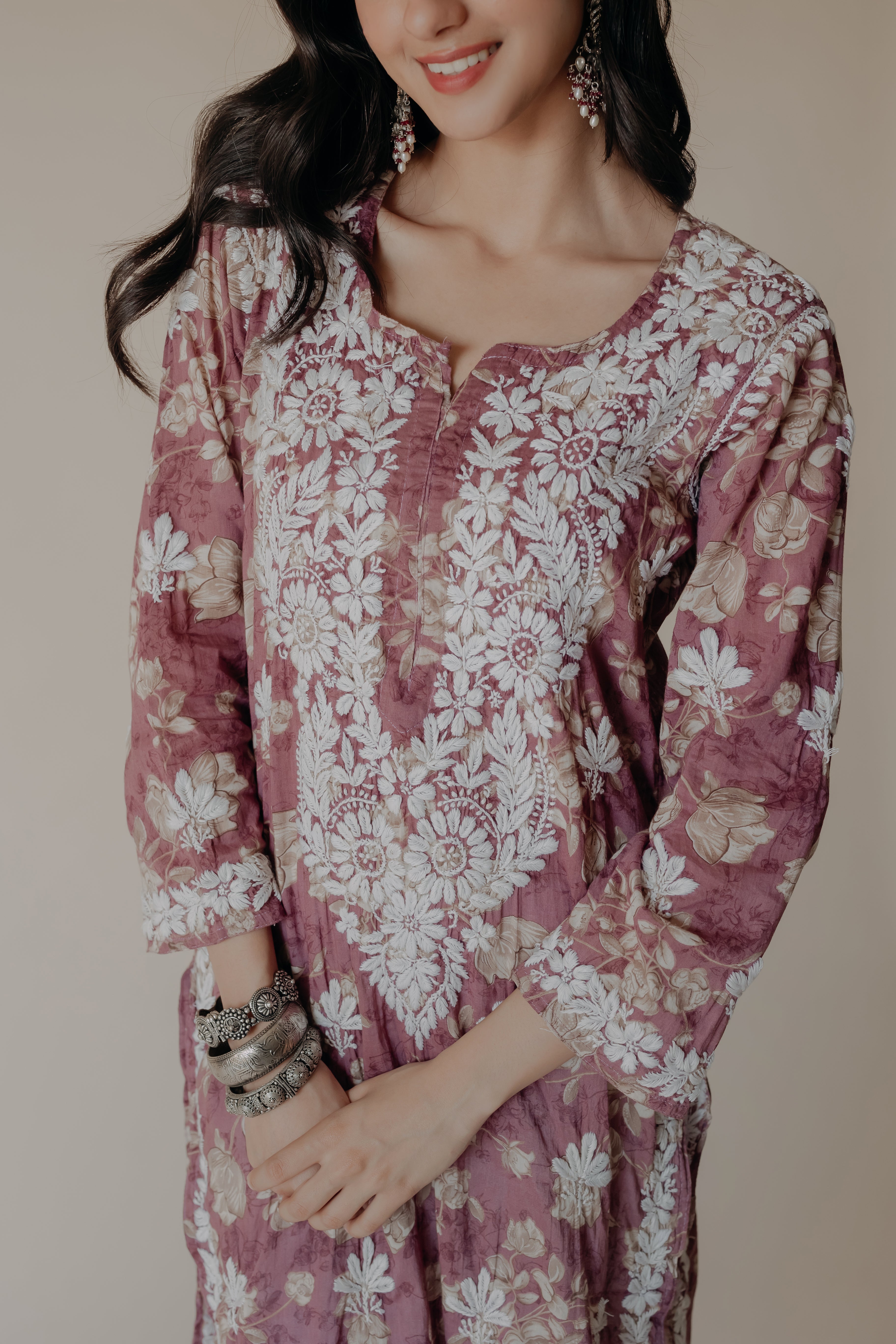 Alizeh Wine Mulmul Chikankari Printed Kurta