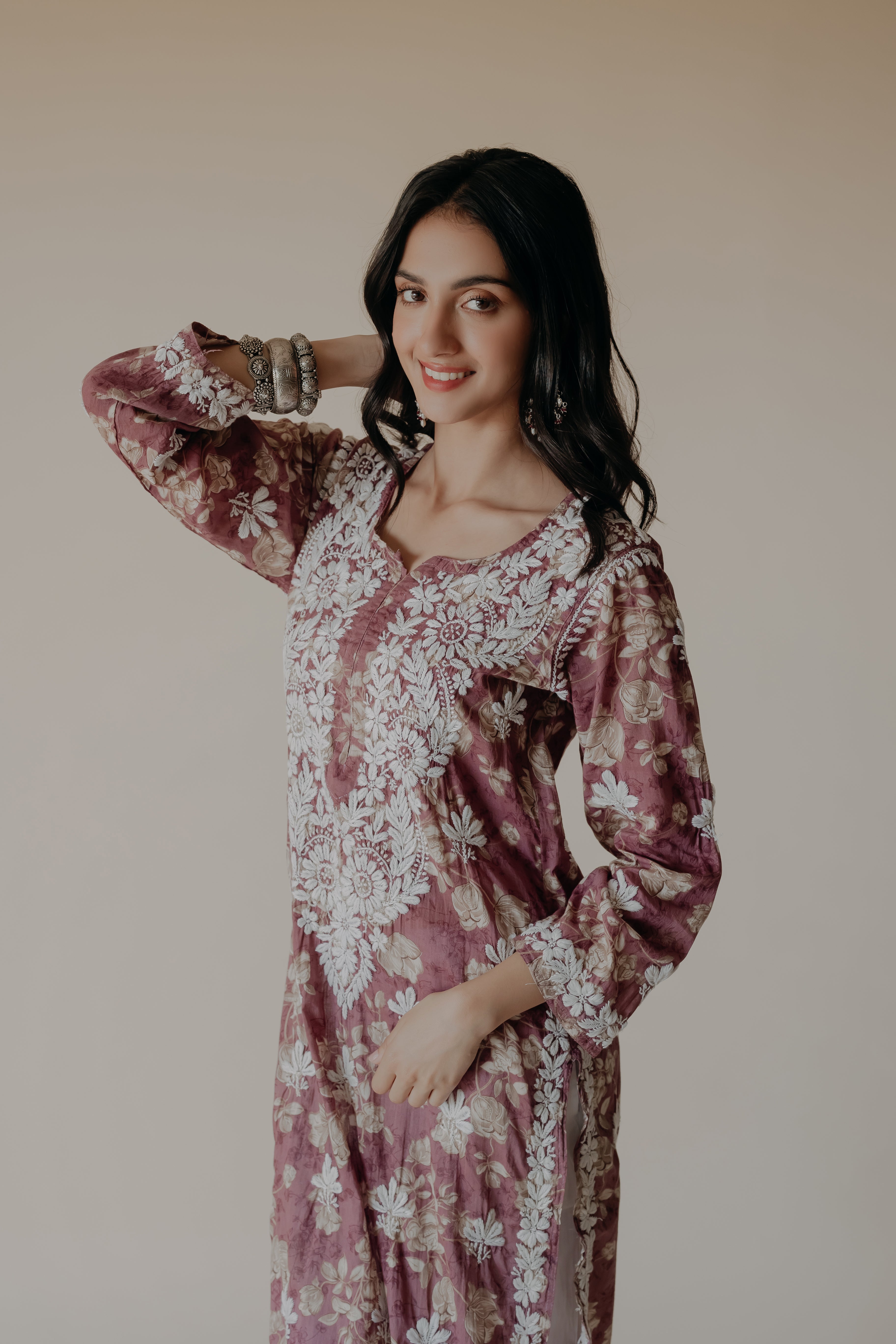 Alizeh Wine Mulmul Chikankari Printed Kurta