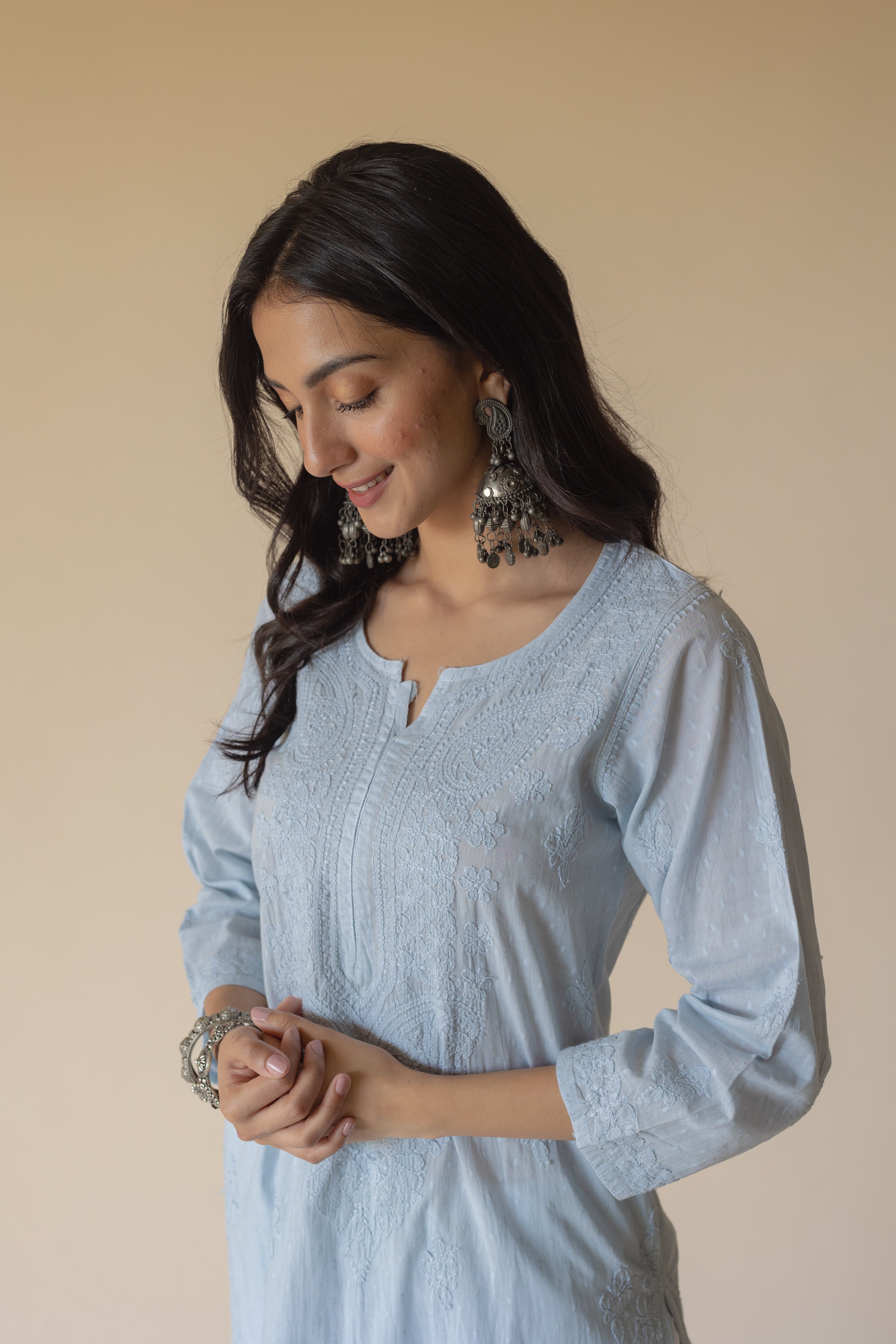 Nisha Blue Dobby Cotton Hand Embroidered Chikankari Kurta