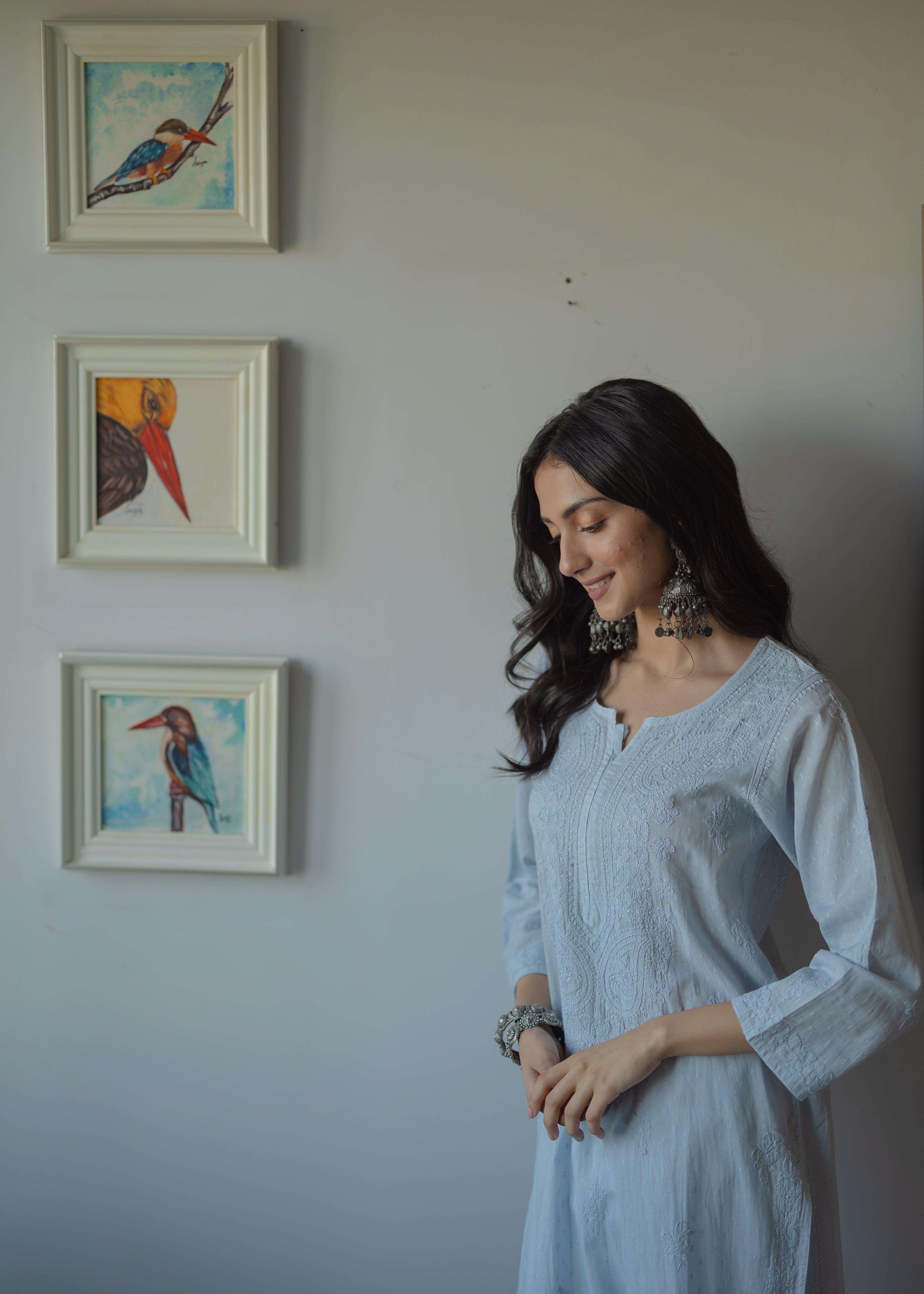 Nisha Blue Dobby Cotton Hand Embroidered Chikankari Kurta
