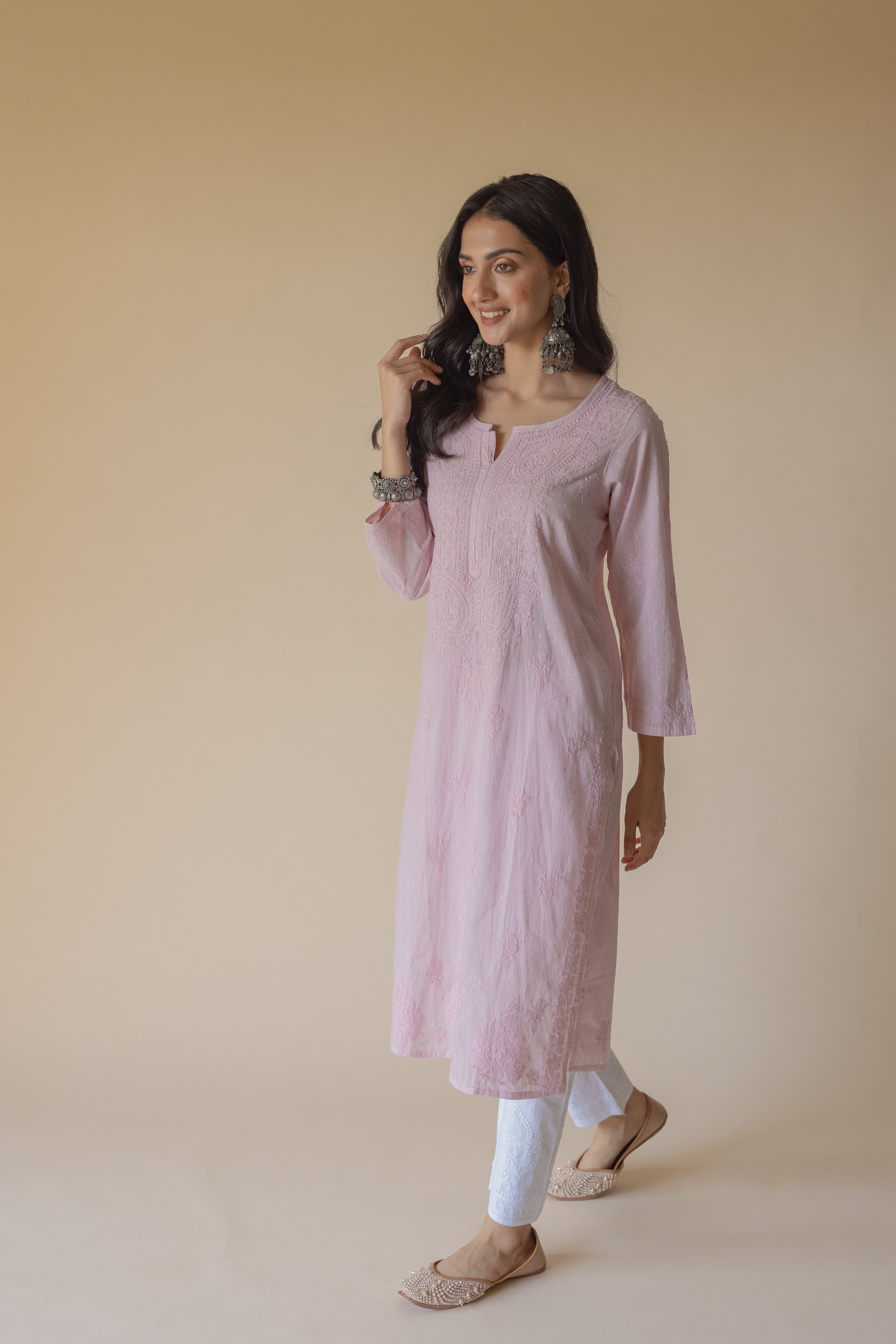 Gazala Pink Dobby Cotton Hand Embroidered Chikankari Kurta
