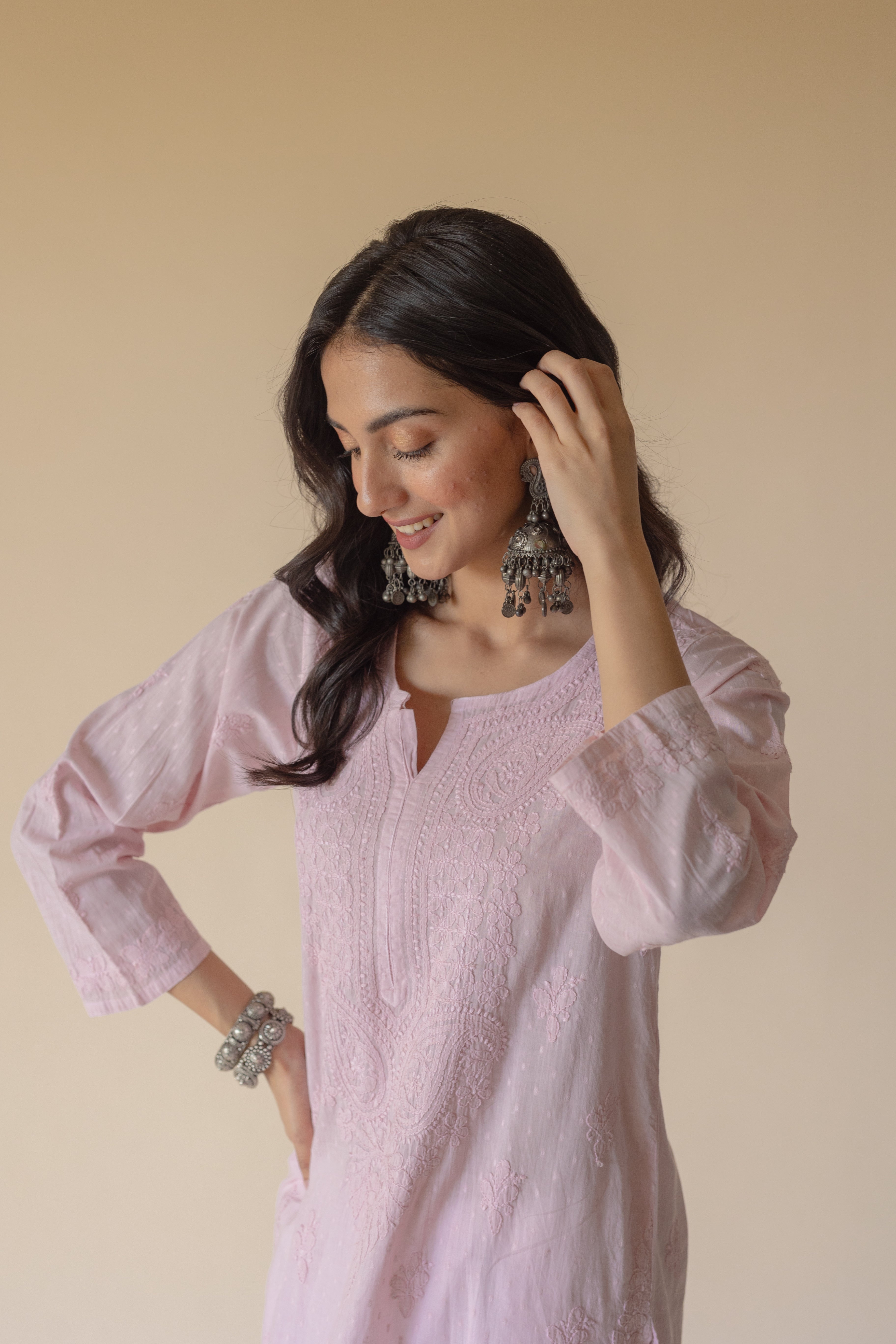 Gazala Pink Dobby Cotton Hand Embroidered Chikankari Kurta