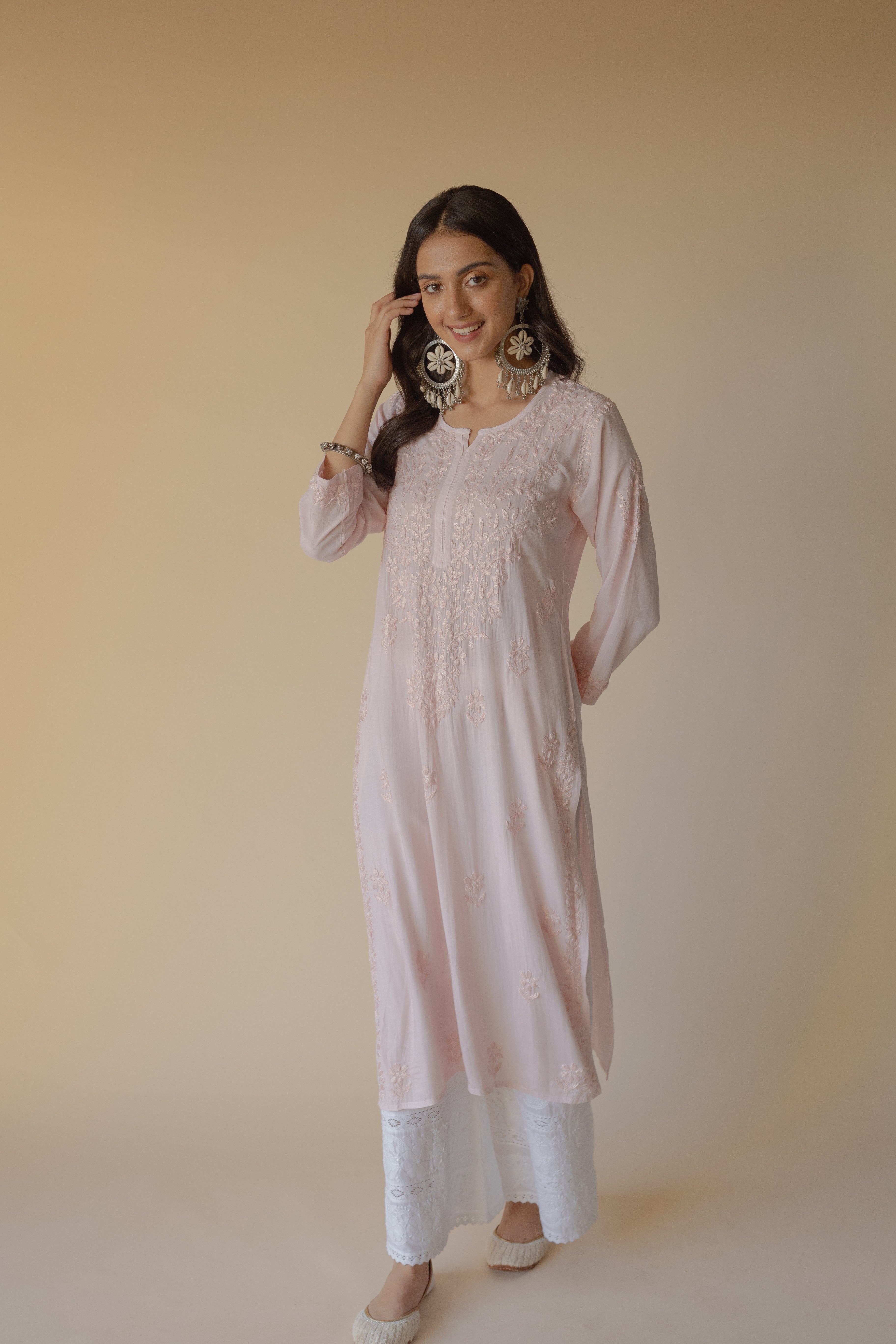 Lulu Light Peach Modal Hand Embroidered Chikankari Kurta