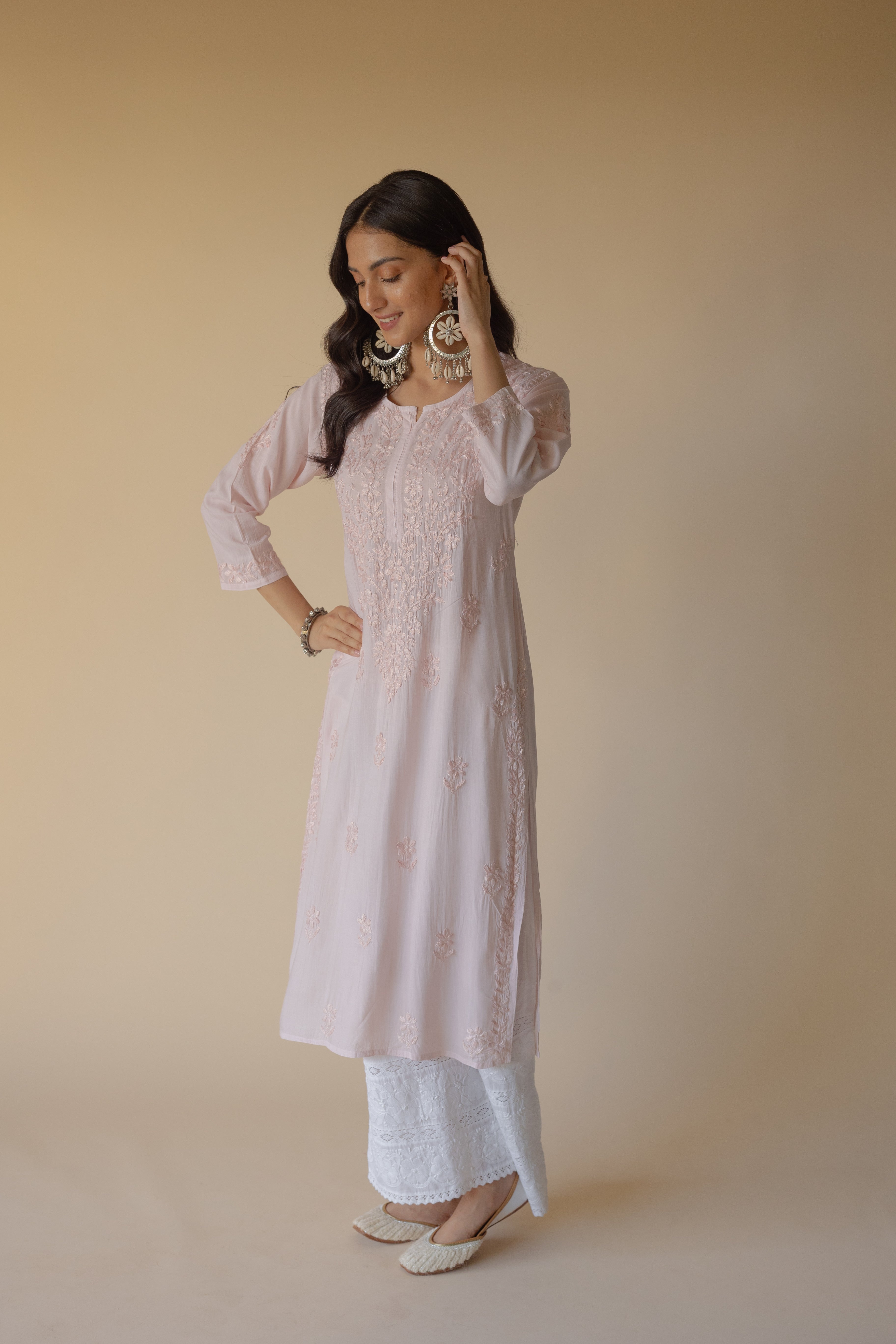 Lulu Light Peach Modal Hand Embroidered Chikankari Kurta