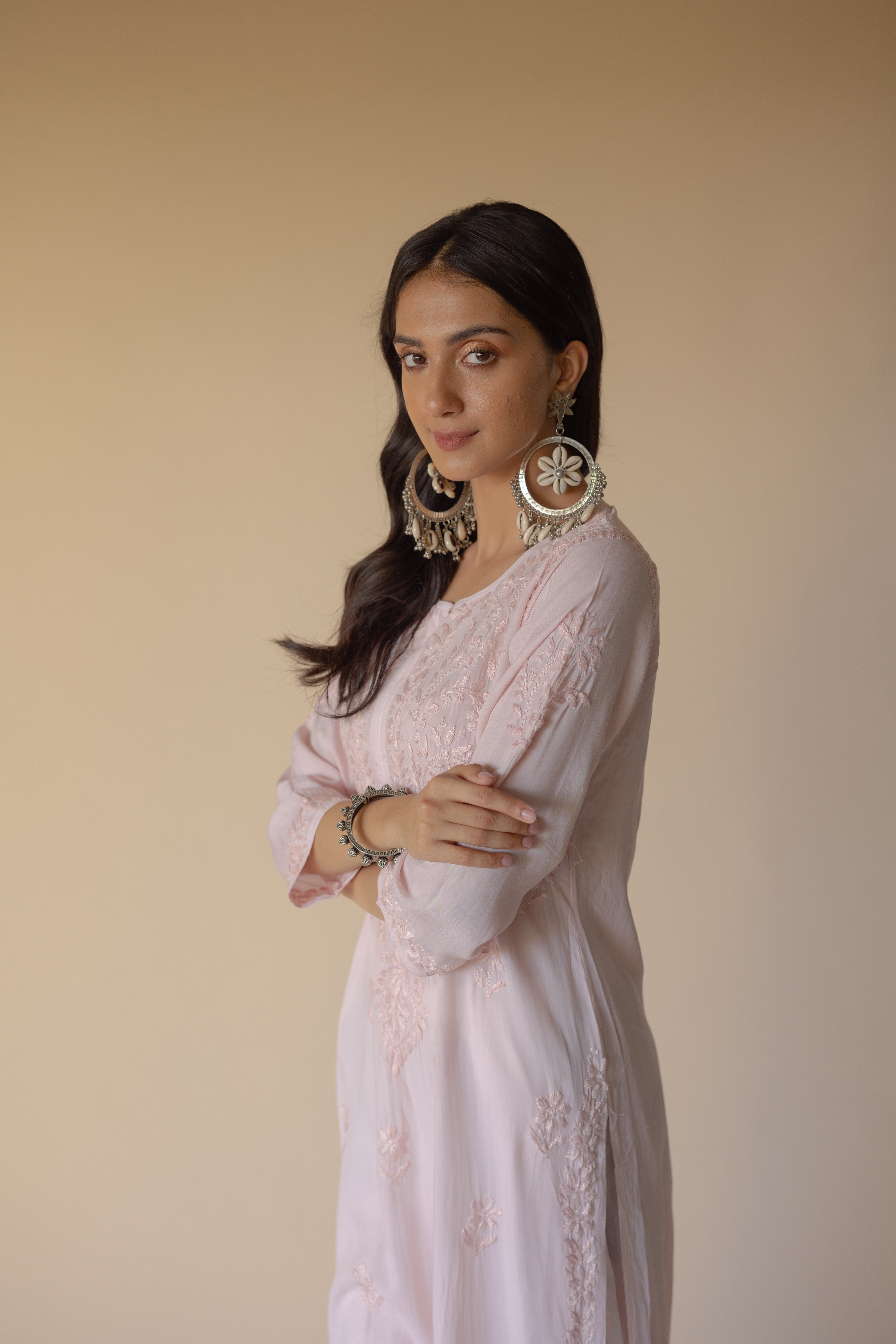 Lulu Light Peach Modal Hand Embroidered Chikankari Kurta