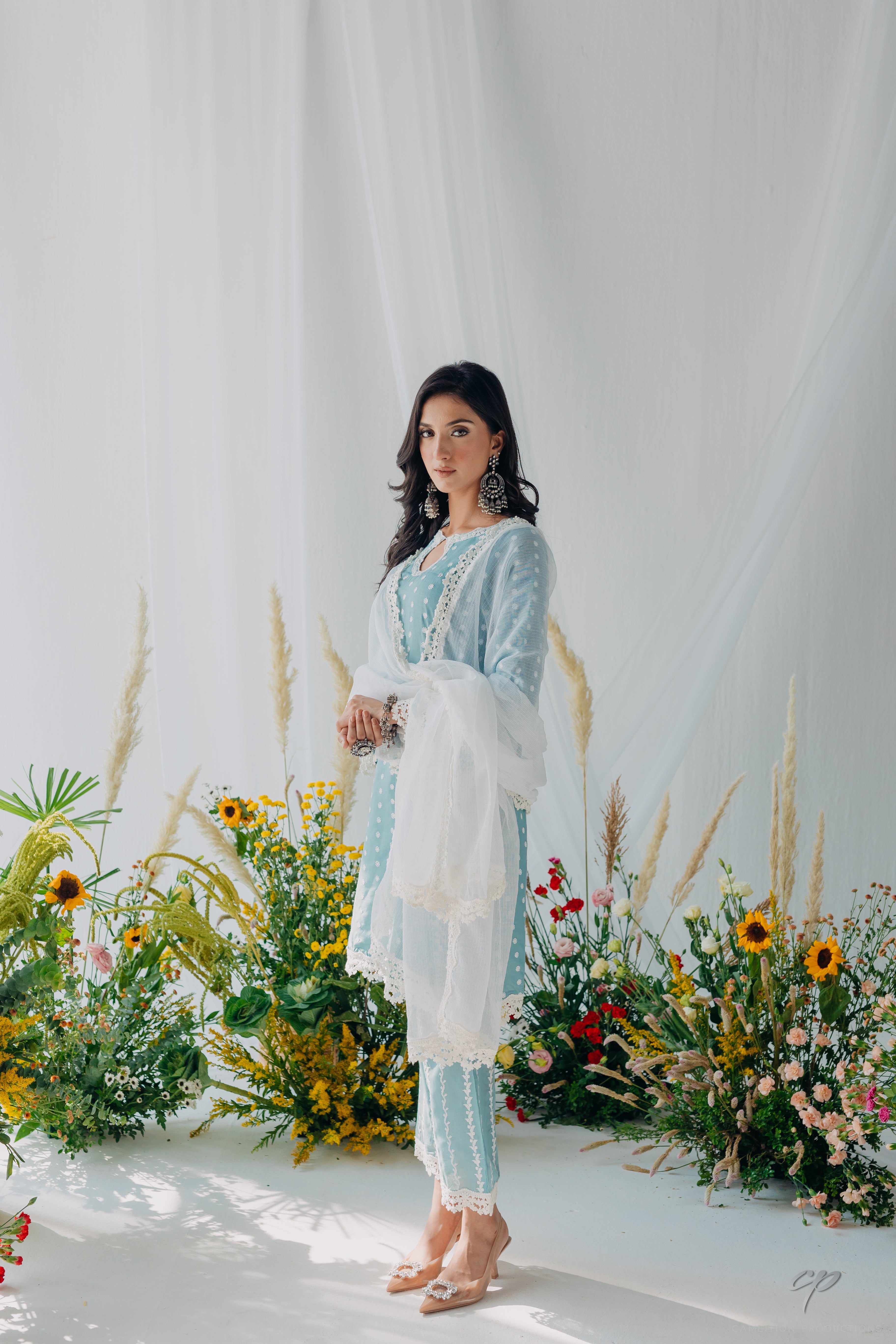 Seher Blue Embroidered Mulmul Kurta & Pant Set